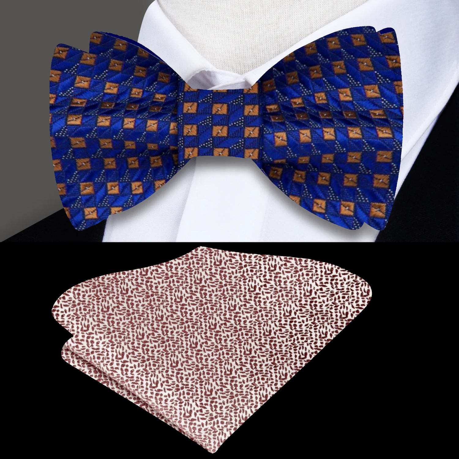 Main View: Blue, Brown Check Bow Tie and Brown Pocket Square