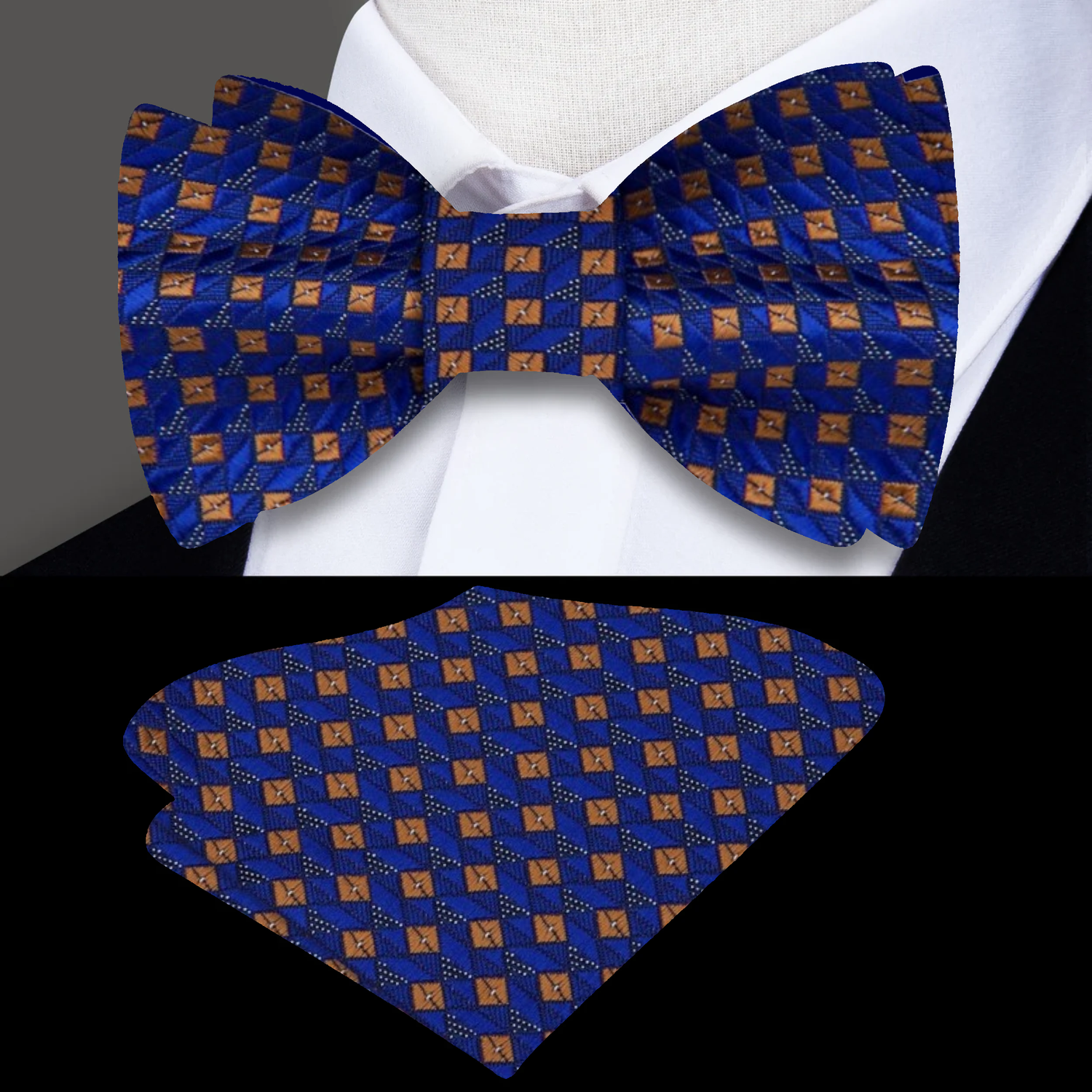 Main: Blue, Brown Check Bow Tie and Pocket Square