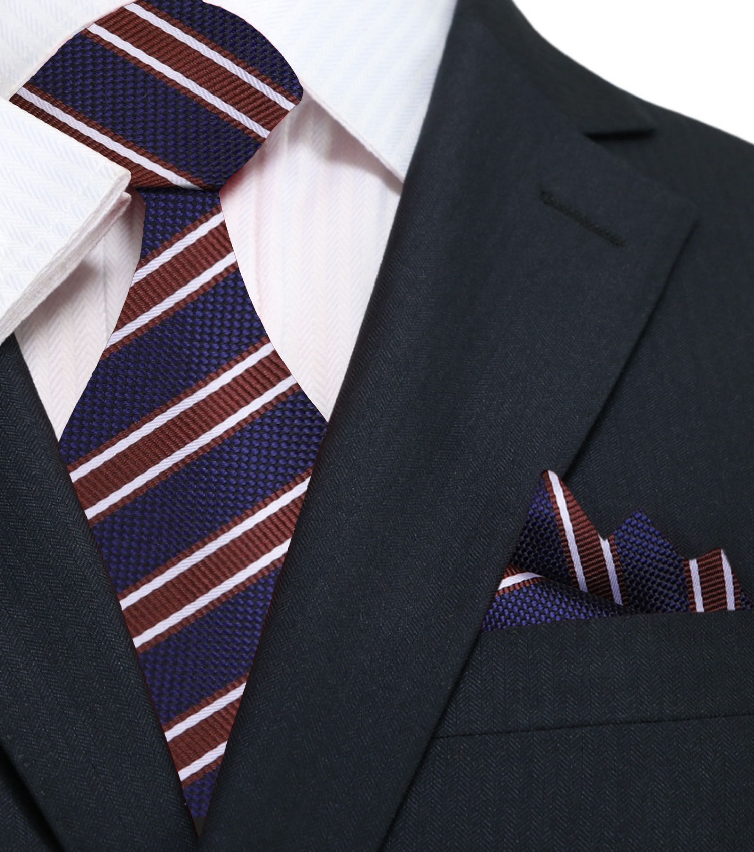 A Dark Blue, Dark Brown, White Stripe Pattern Silk Necktie, Pocket Square