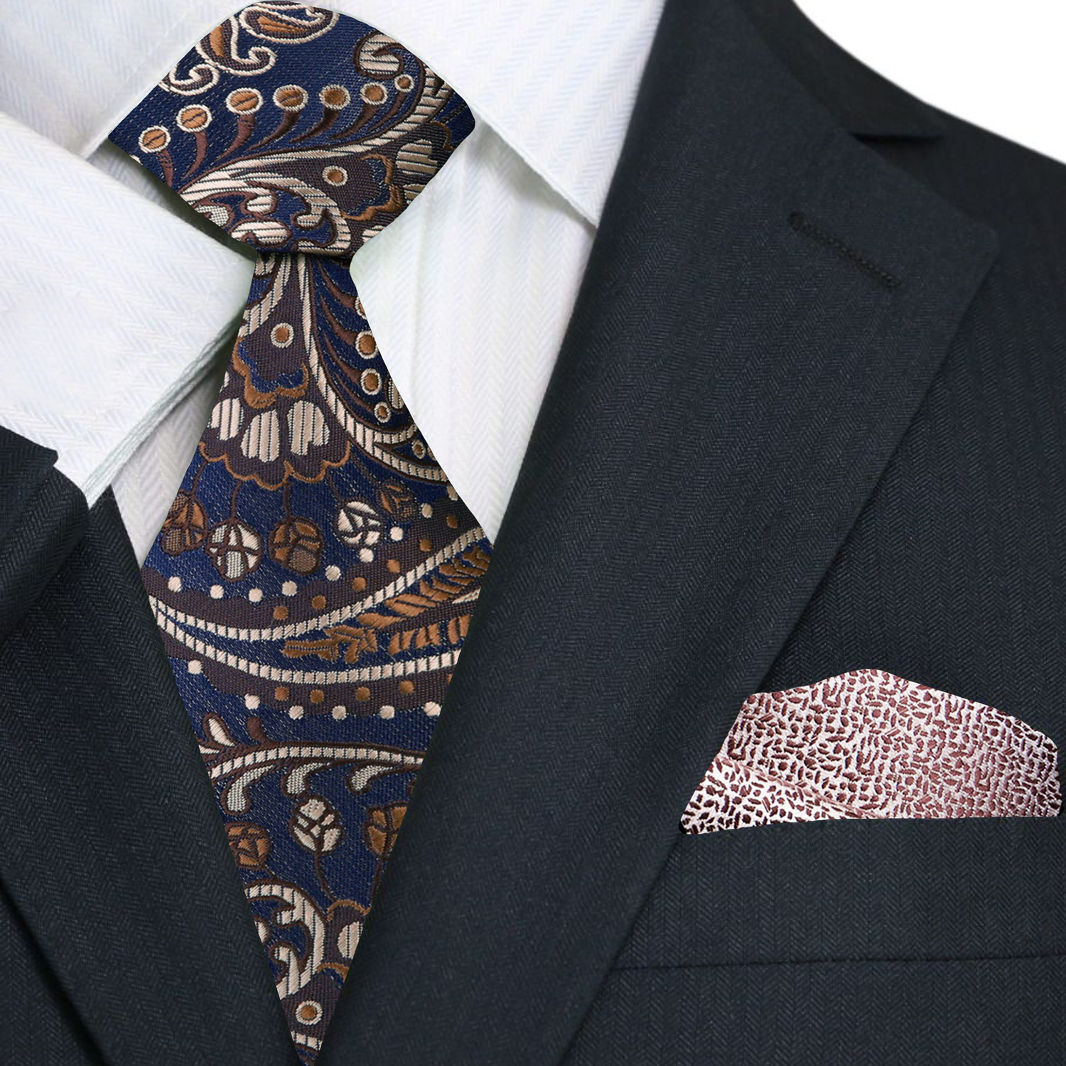 paisley tie with blue, brown, and beige pattern and accenting square