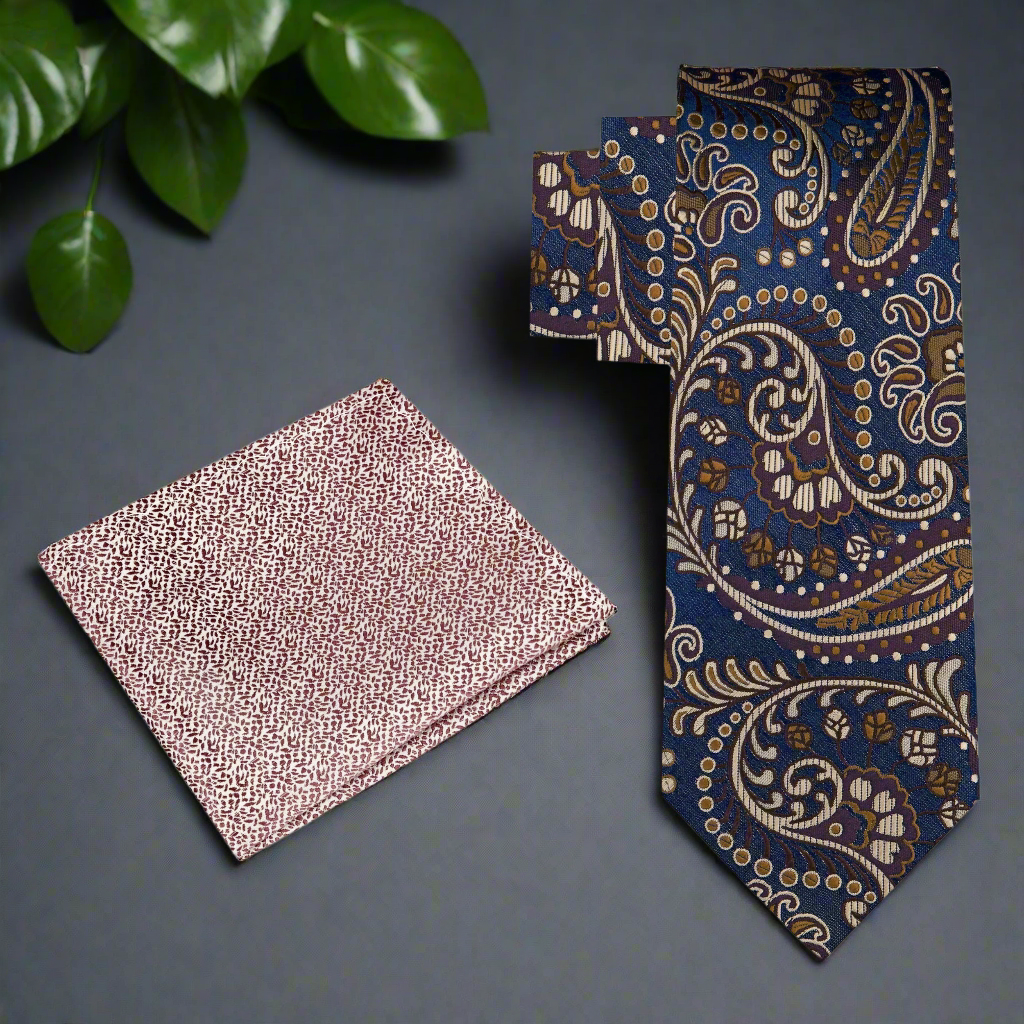 alt paisley tie with blue, brown, and beige pattern and accenting square