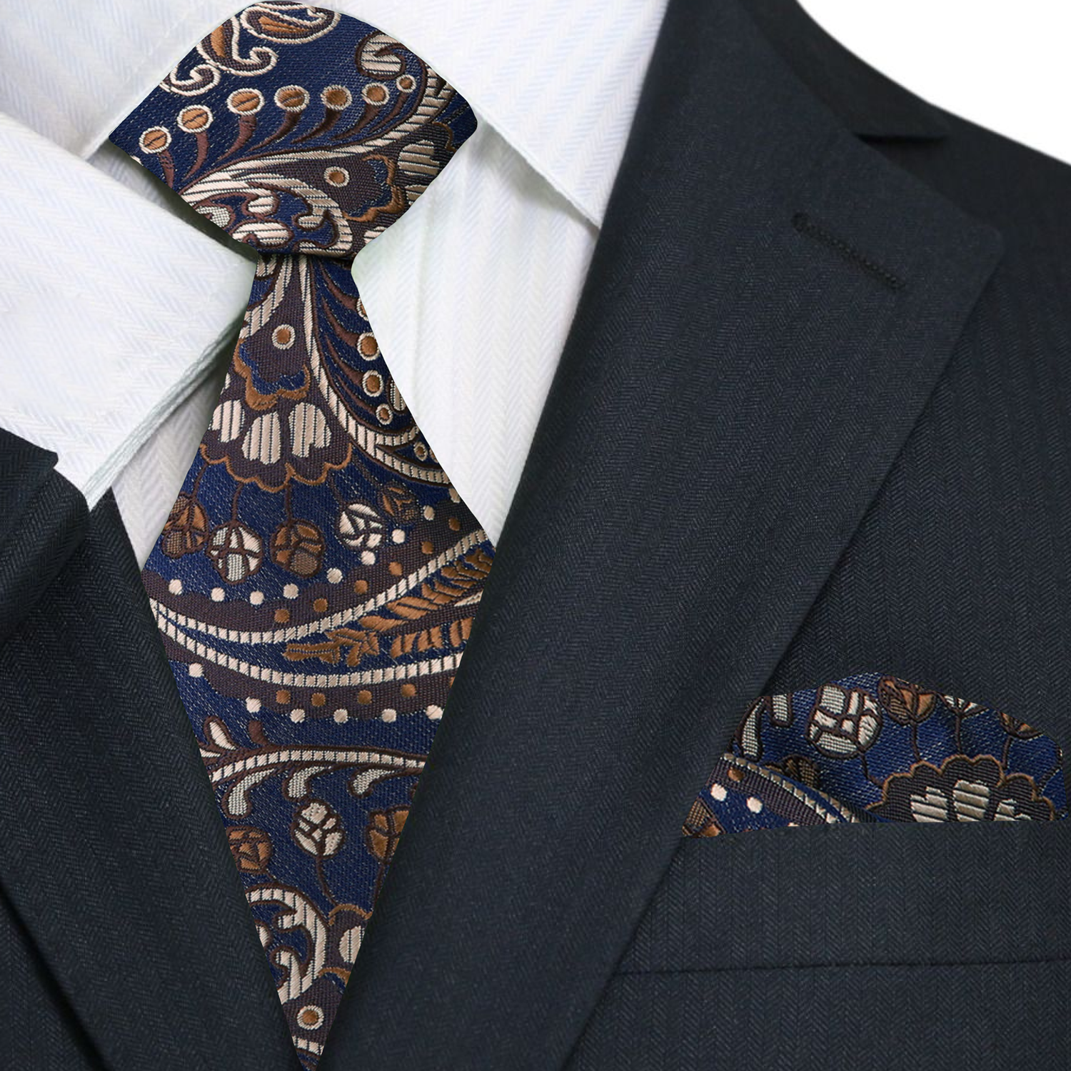 A Dark Blue, Brown Paisley Pattern Necktie, Matching Pocket Square