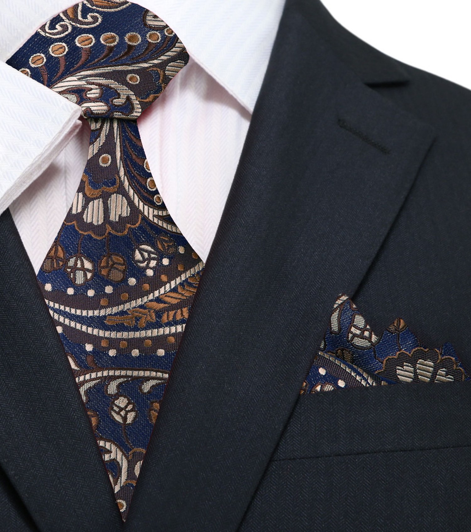 A Dark Blue, Brown Paisley Pattern Silk Necktie, Matching Pocket Square