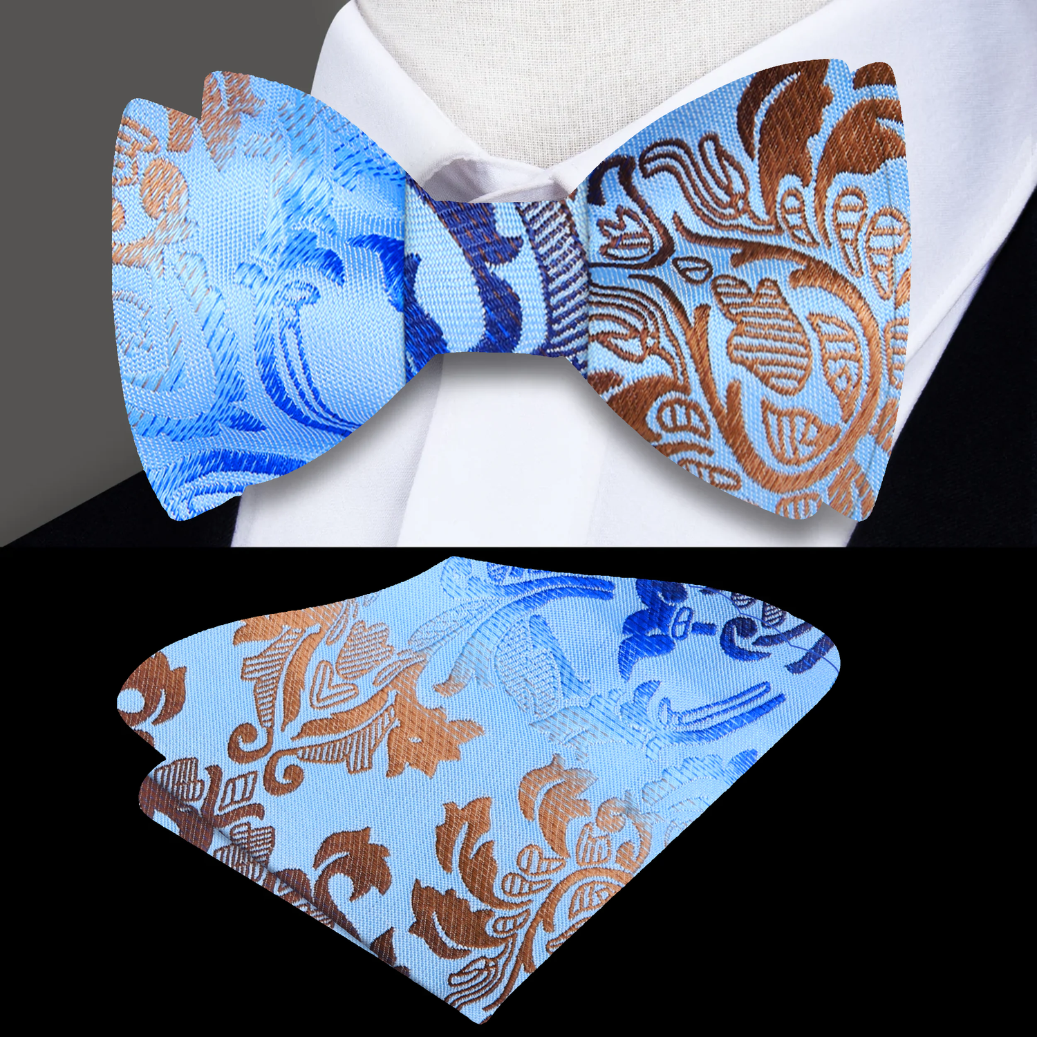 Main View: A Light Blue, Blue, Brown Floral Pattern Silk Self Tie Bow Tie, Matching Pocket Square