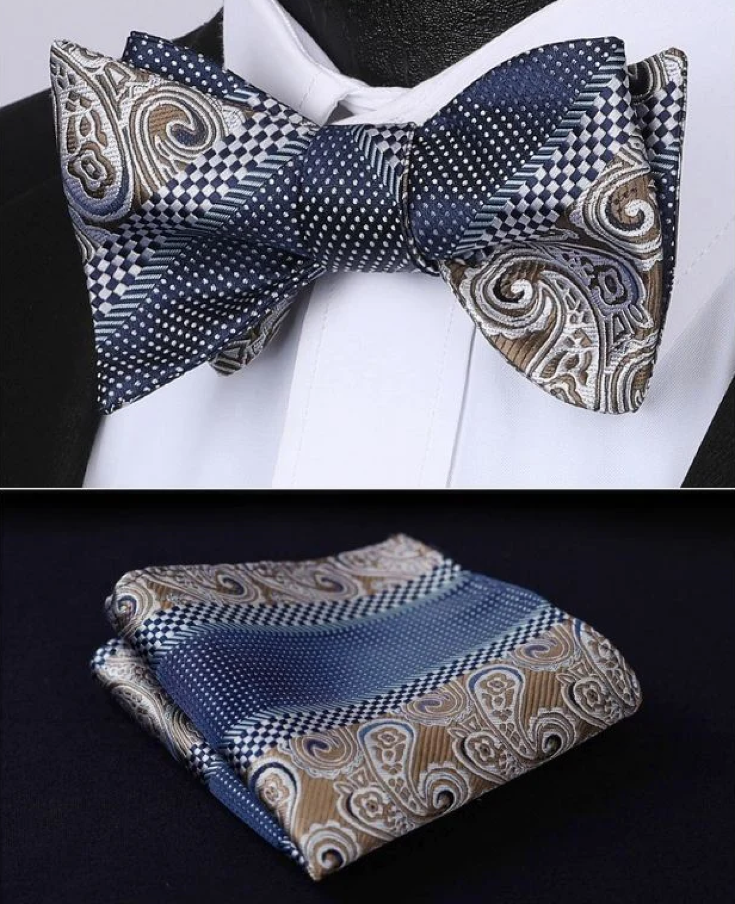 Blue Brown Check Bow Tie and Square Main View