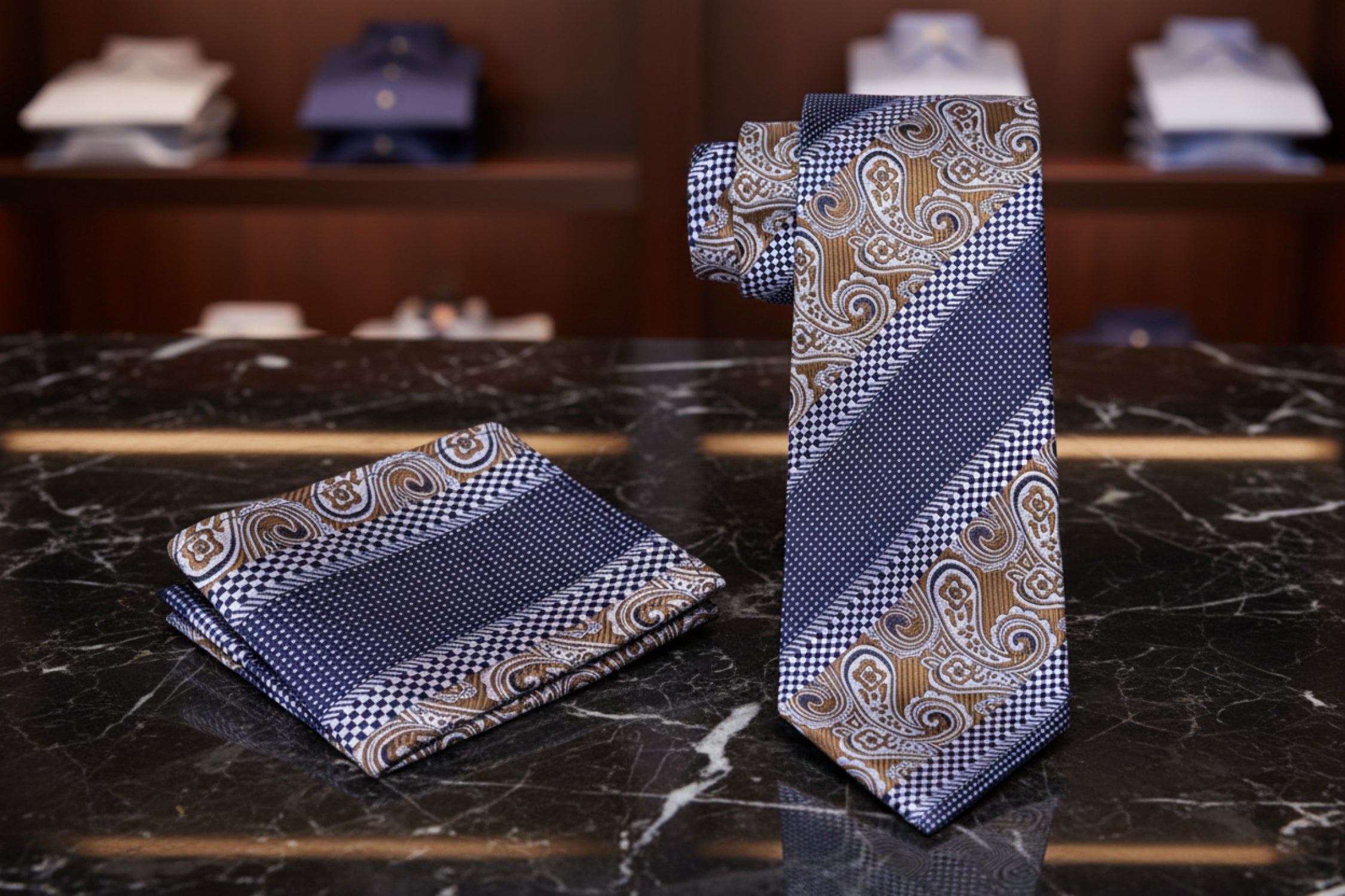 Blue & Brown Paisley Check Necktie | Men's Wedding & Business Tie
