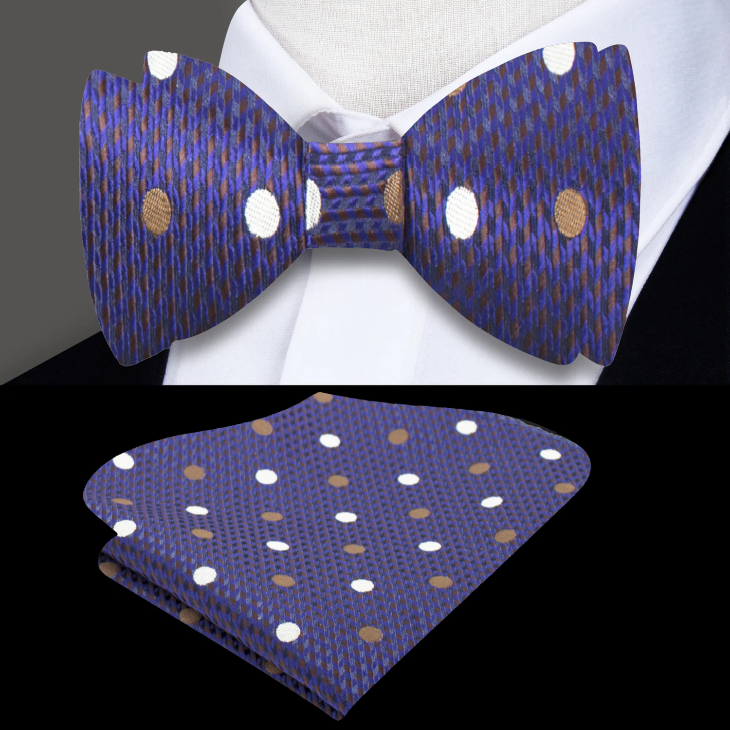 A Blue, Brown Polka Dot Pattern Silk Self Tie Bow Tie, Matching Pocket Square