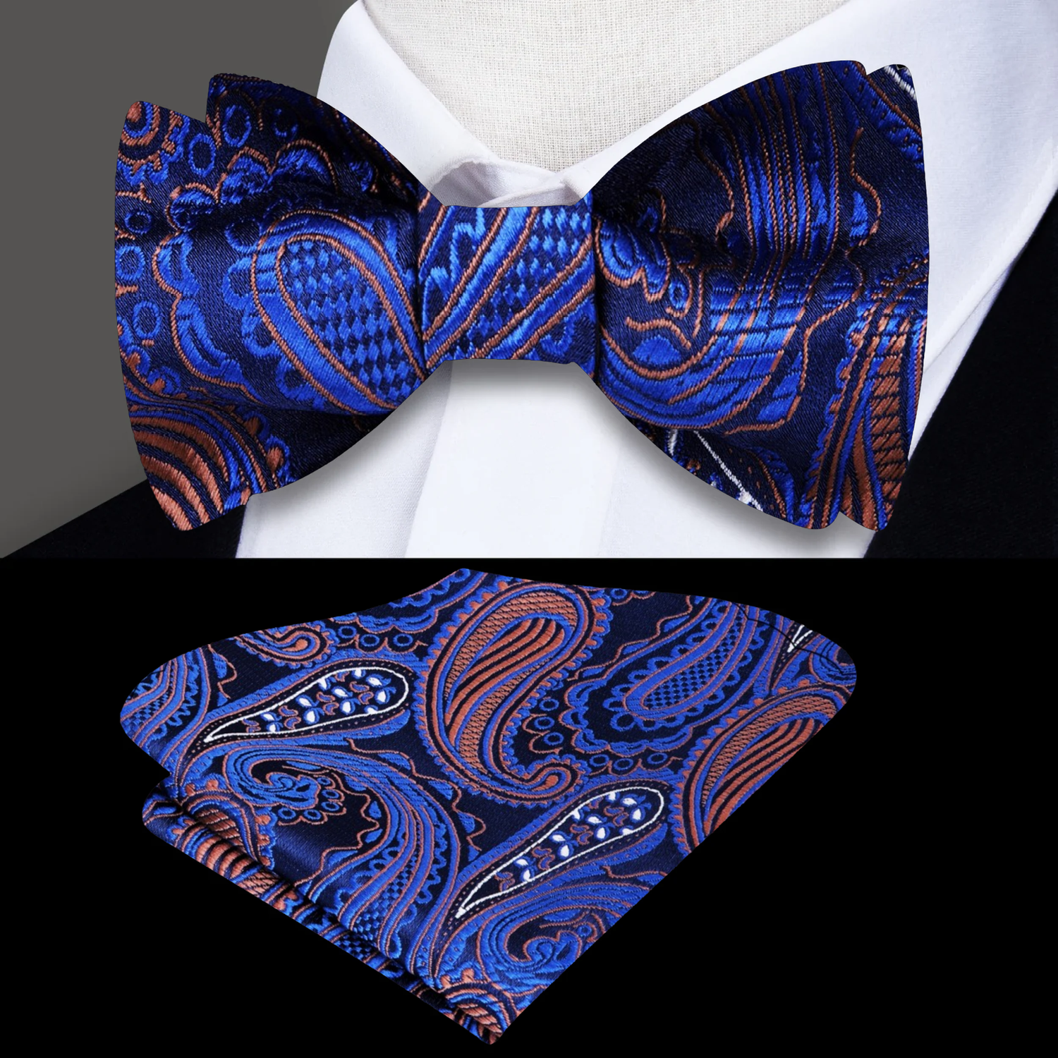 Blue Brown Gold Paisley Bow Tie and Pocket Square