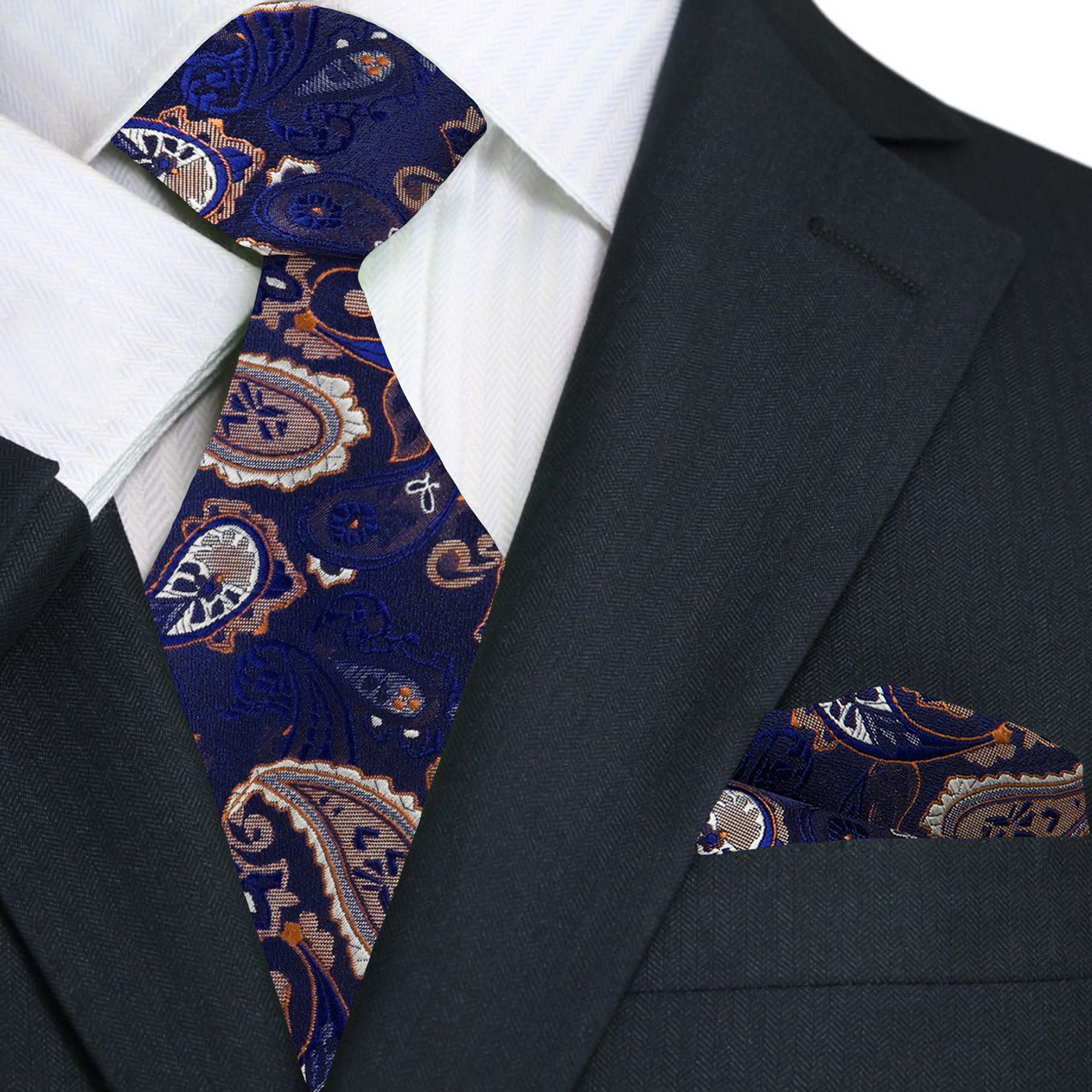 Navy paisley tie and pocket square with a black suit jacket