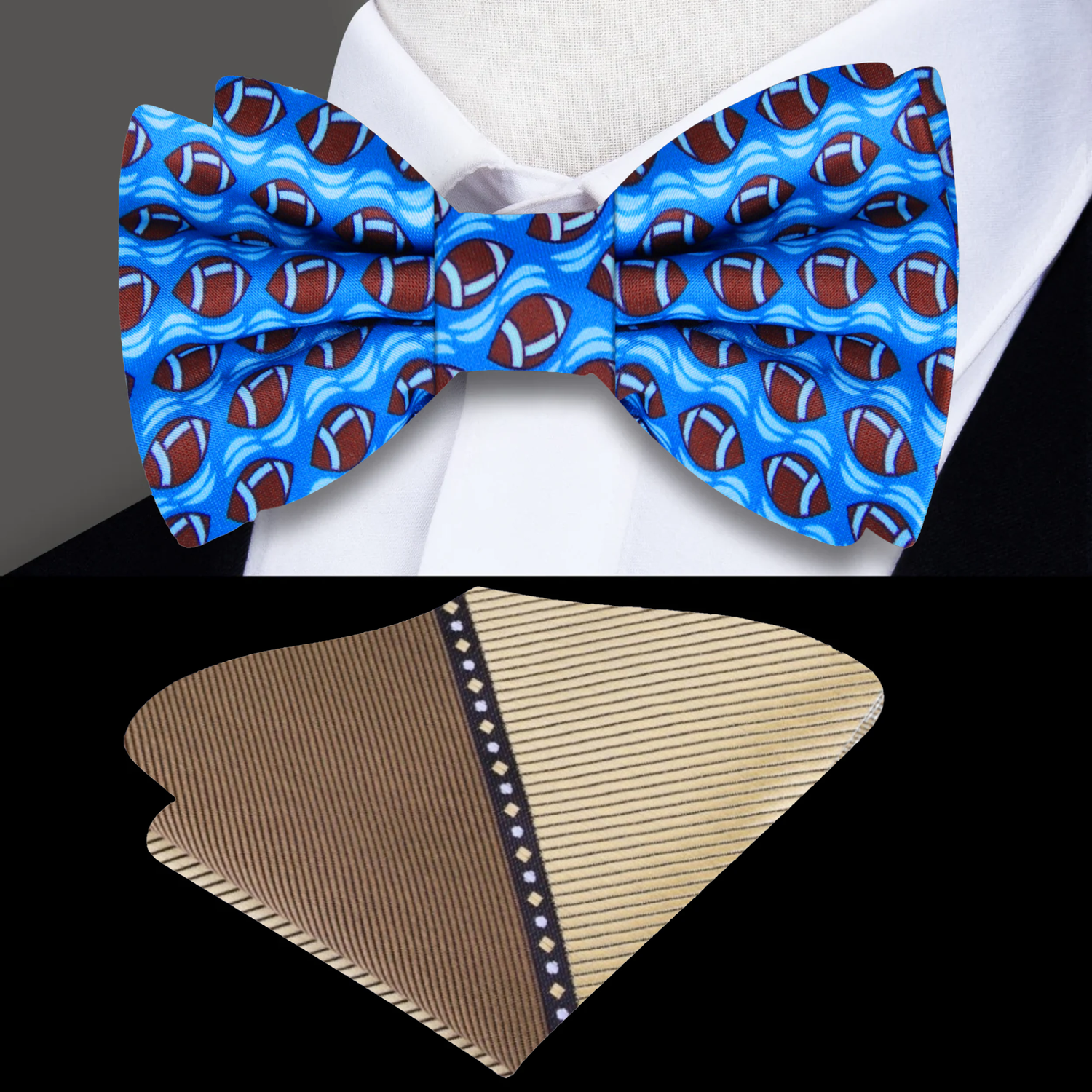 Blue Silk with Football Bow Tie and Accenting Pocket Square