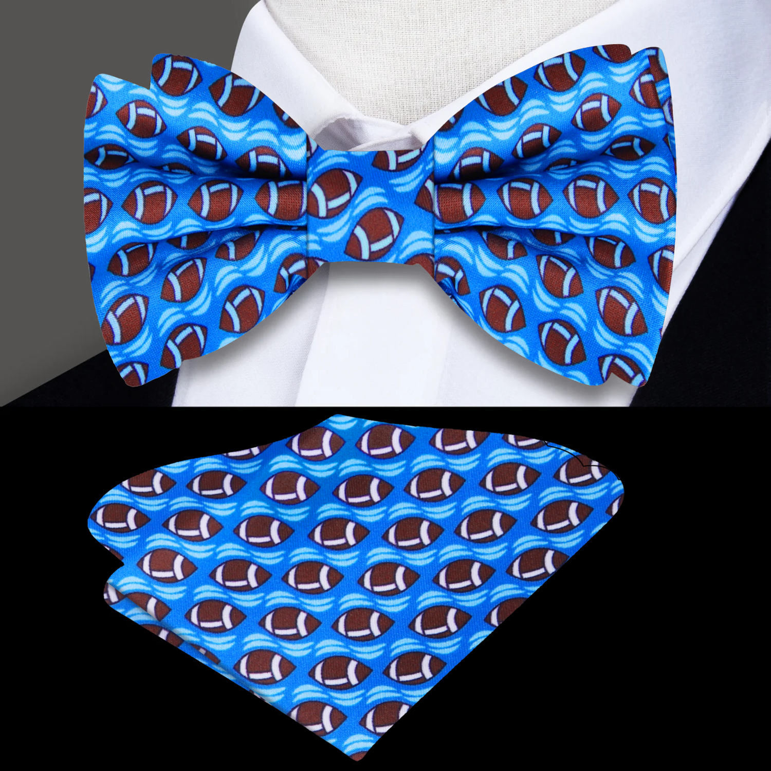 Blue Silk with Football Bow Tie and Pocket Square