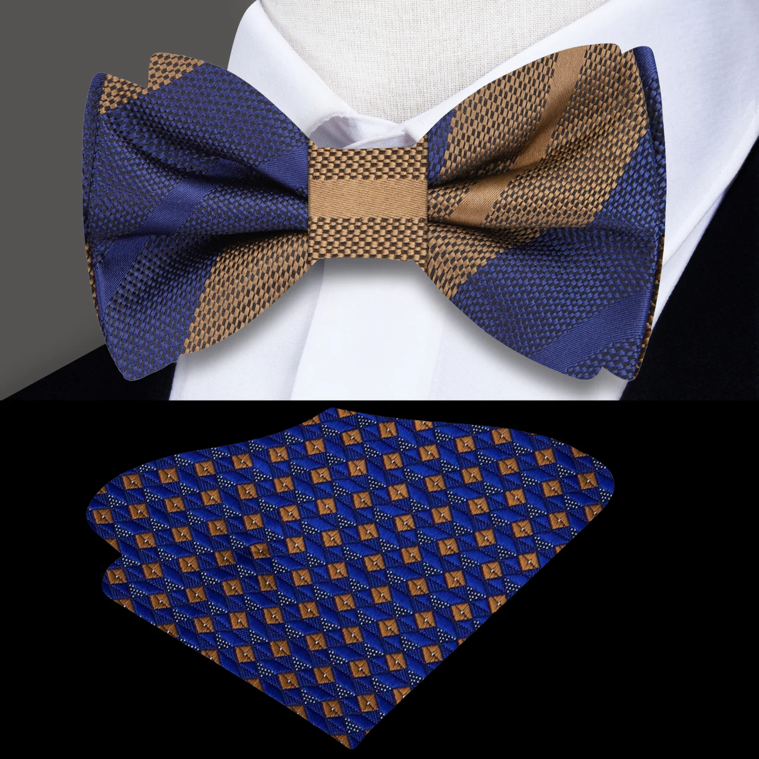 Blue, Brown Stripe Bow Tie and Accenting Pocket Square 