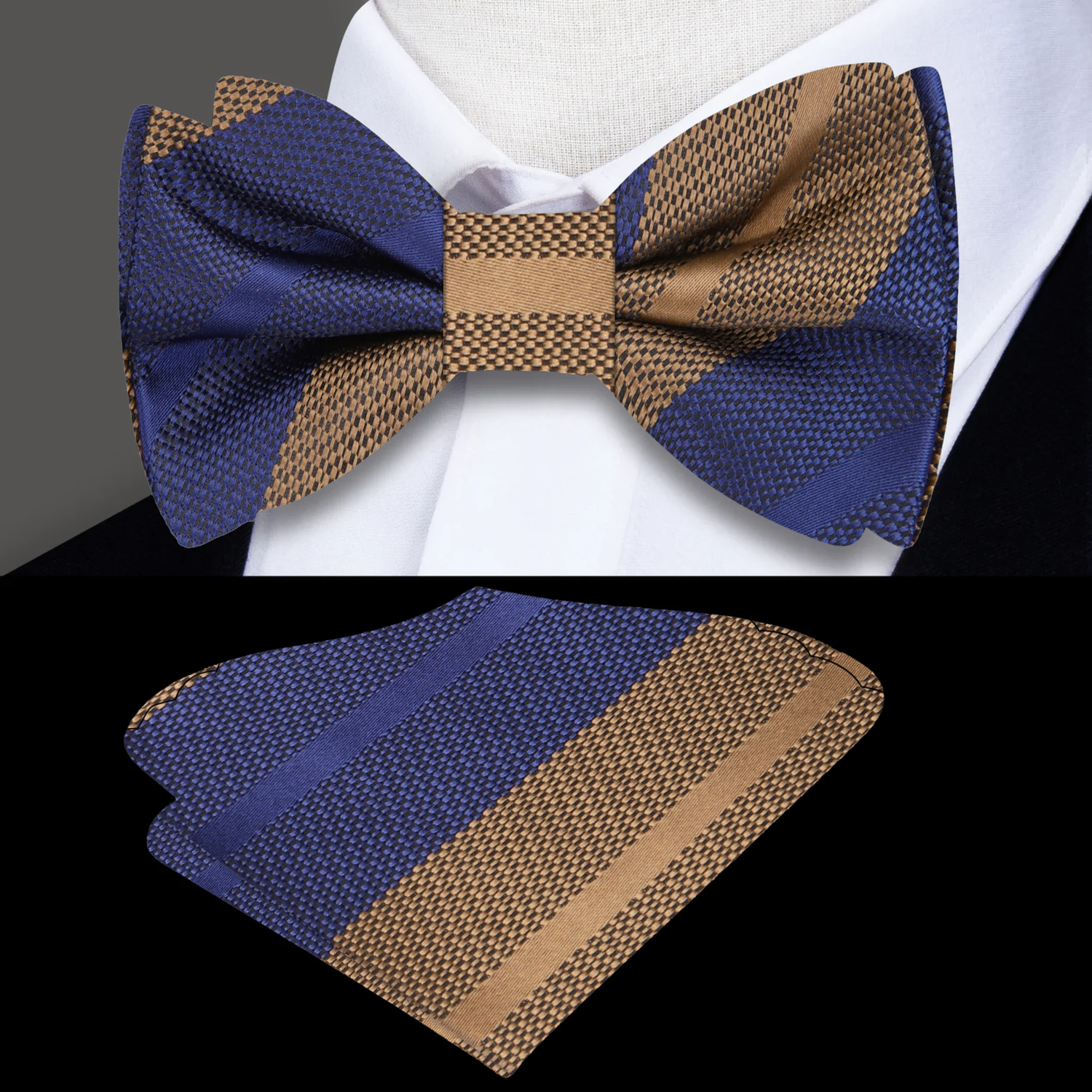 Blue, Brown Stripe Bow Tie and Pocket Square||Blue/Brown