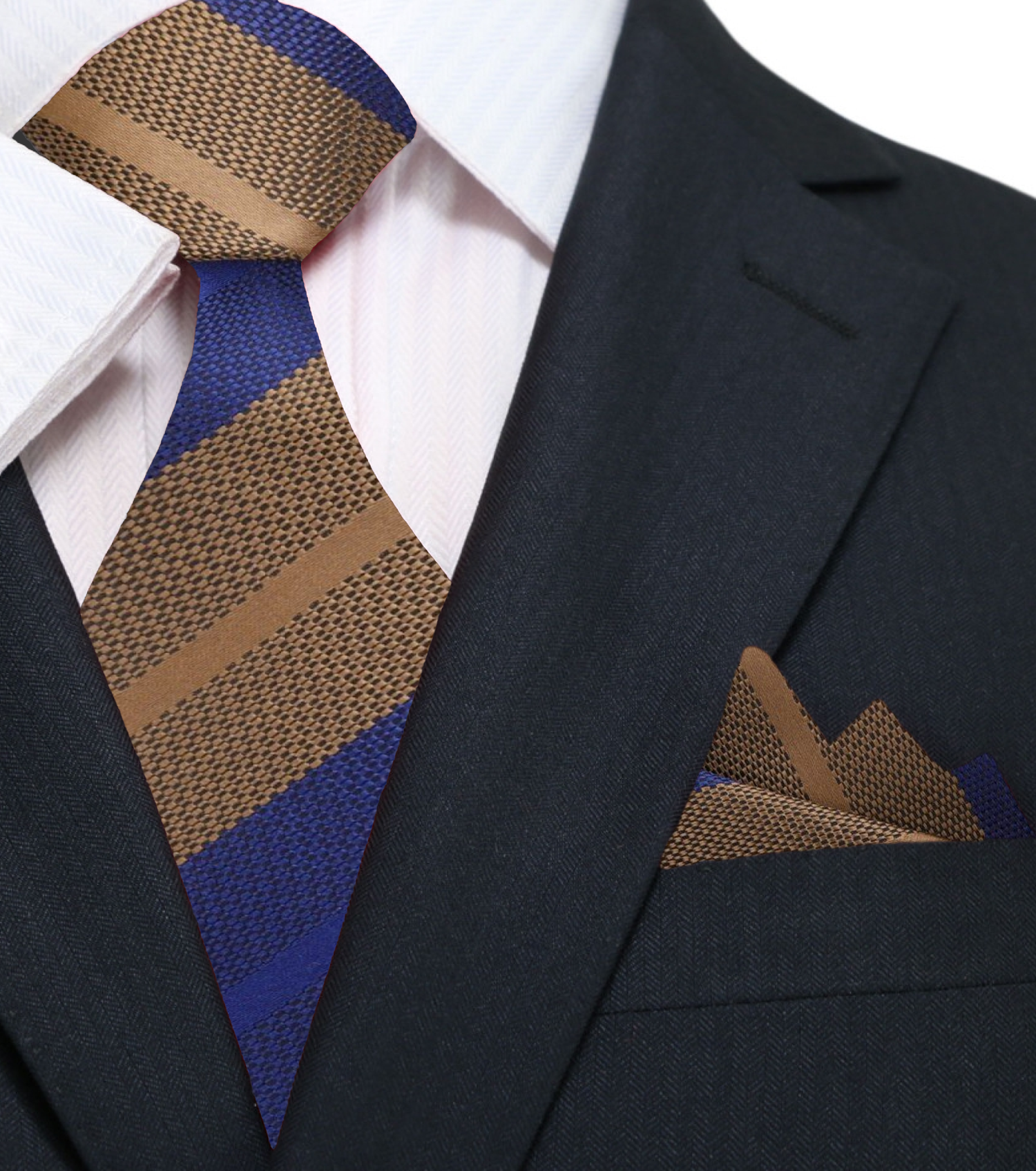 Main View: Blue, Brown Stripe Tie and Pocket Square