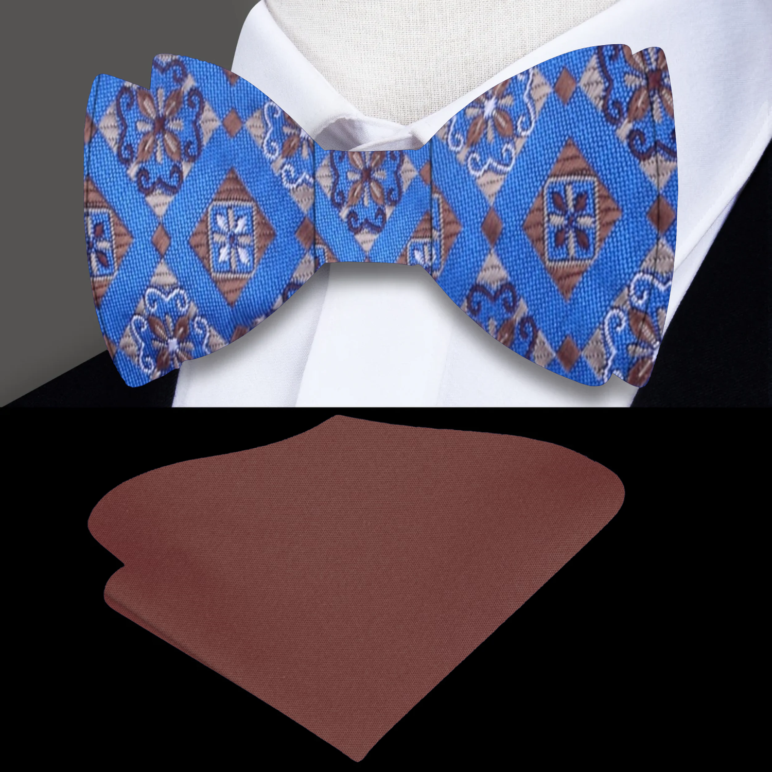 Main: Blue, Brown Geometric Bow Tie and Brown Square