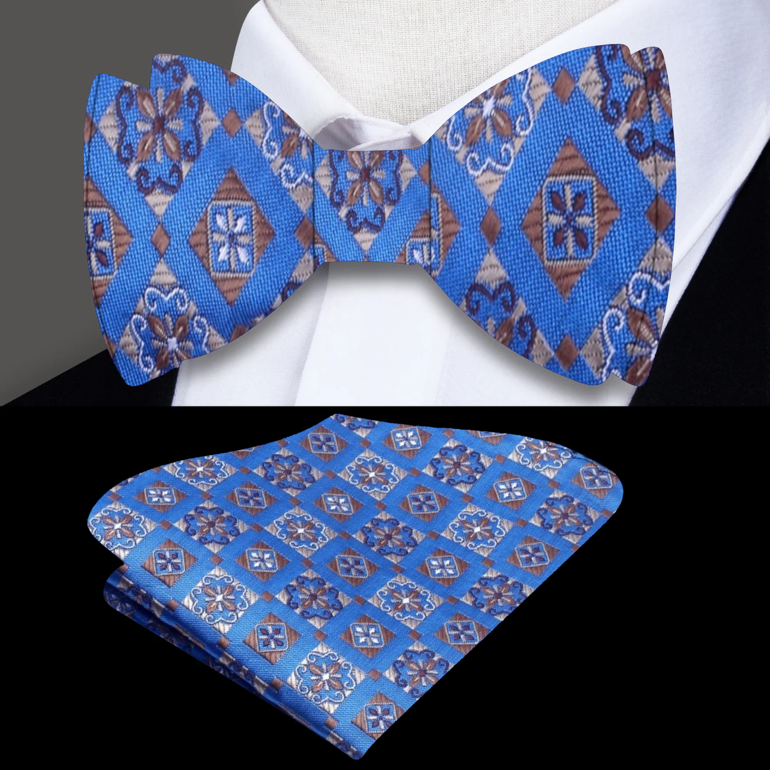 Main: Blue, Brown Geometric Bow Tie and Matching Square
