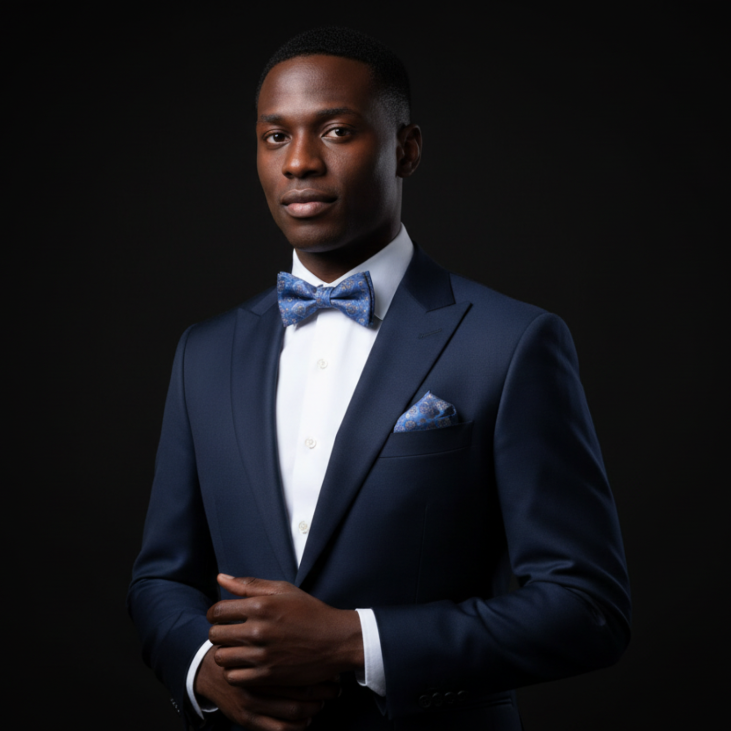 Man wearing a navy suit with a blue bow tie on a black background