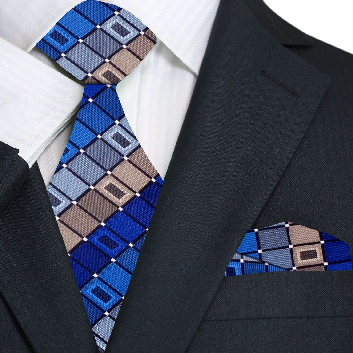 Premium A Blue, Grey Geometric Pattern Silk Necktie, Matching Pocket Square 