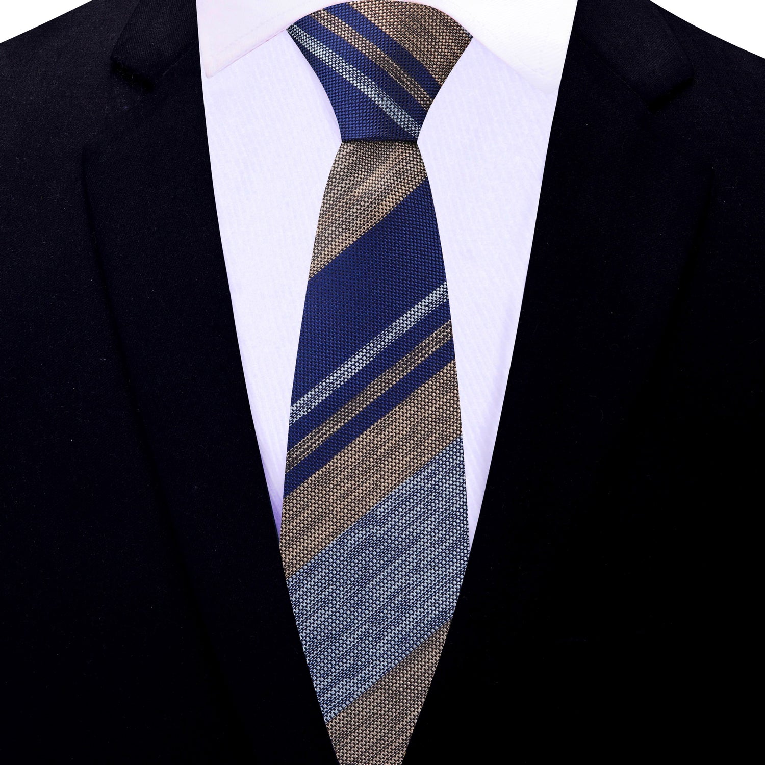 Thin Tie: Blue, Brown, Grey Stripes Necktie