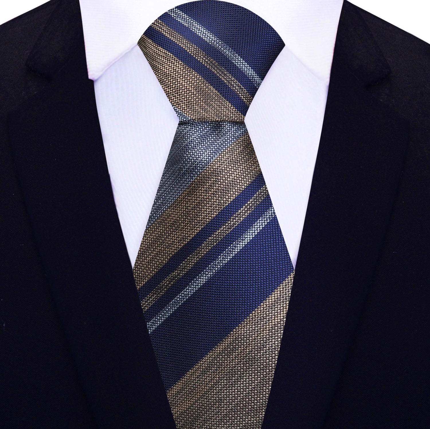 View 2: Blue, Brown, Grey Stripes Necktie