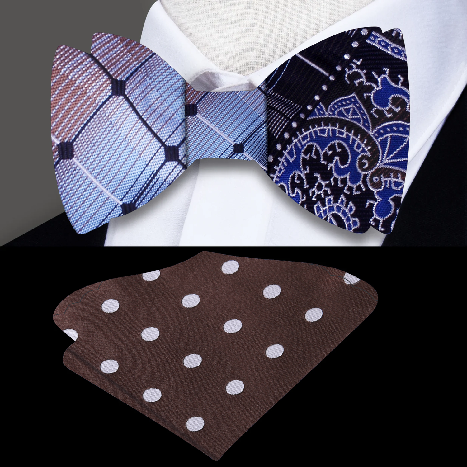 Blue, Brown Geometric Paisley Pattern Silk Self Tie Bow Tie, Accenting Brown Polka Pocket Square