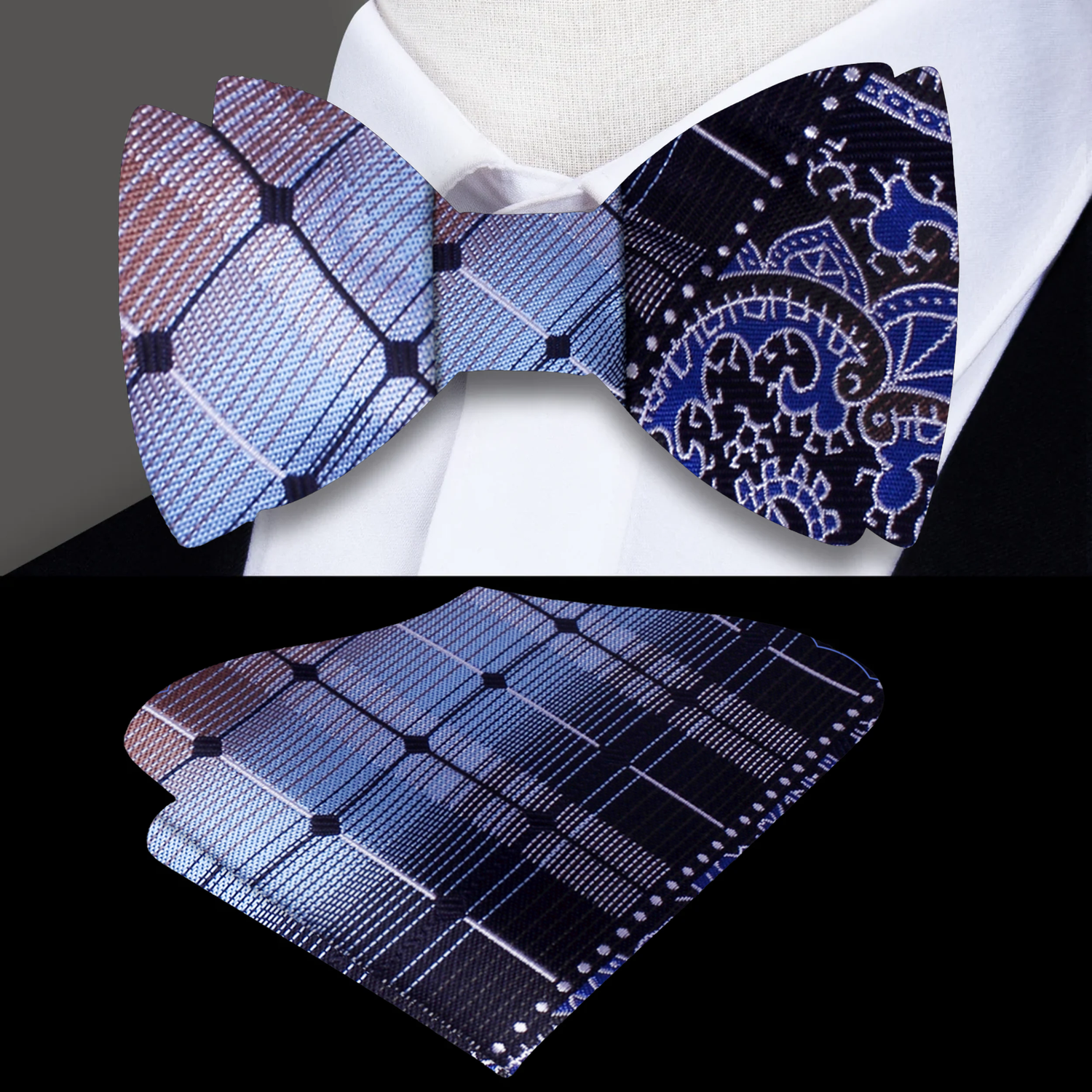 Blue, Brown Geometric Paisley Pattern Silk Self Tie Bow Tie, Matching Pocket Square