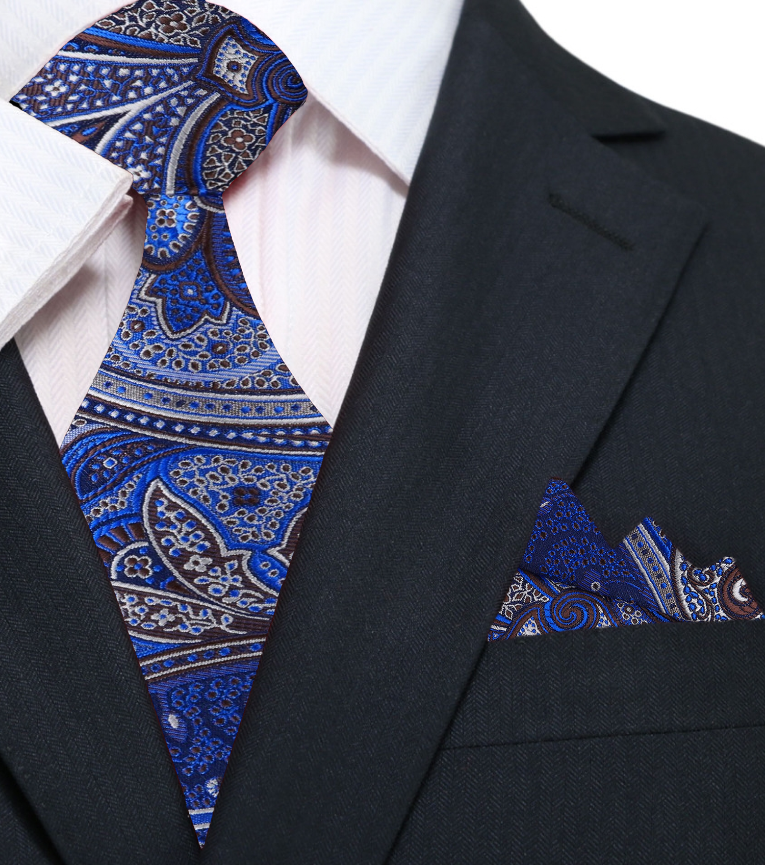 Blue Brown Paisley Tie and Matching  Pocket Square