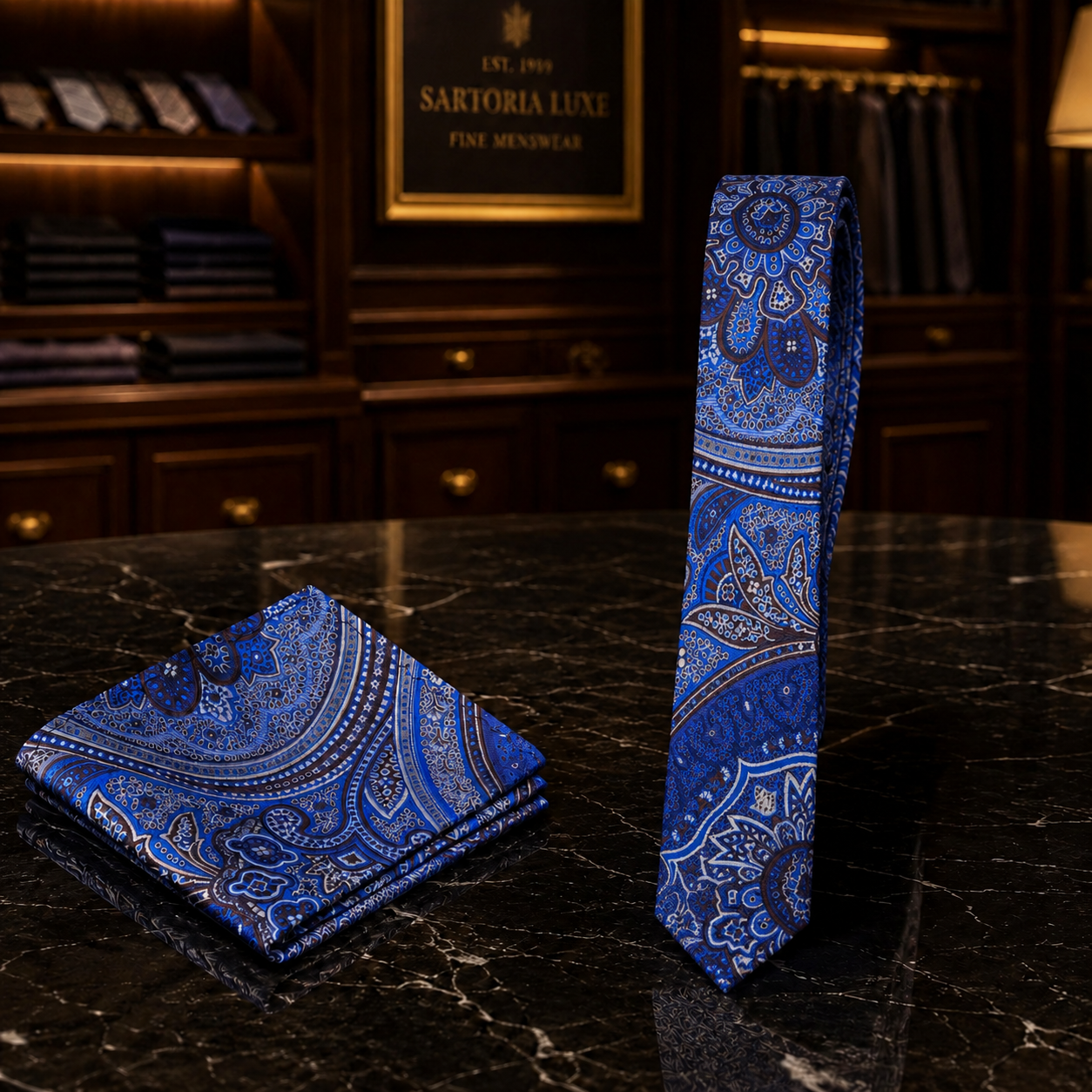 A blue and white paisley patterned necktie and matching pocket square displayed on a dark marble surface, with a warm, upscale clothing store interior in the background.