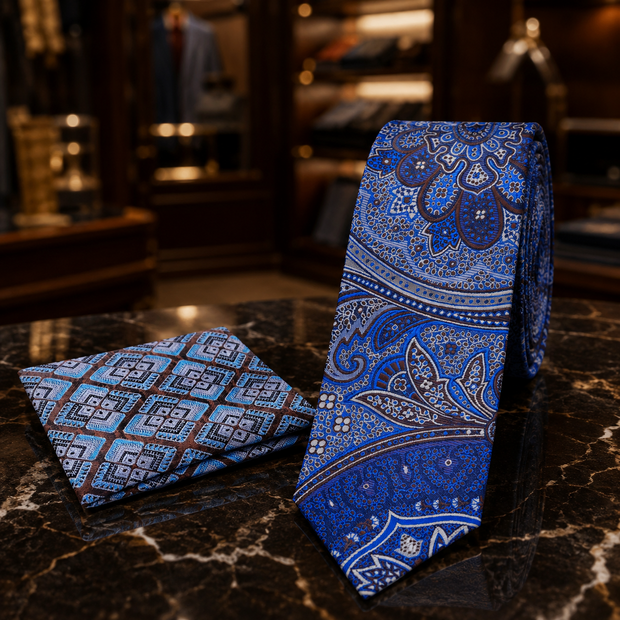 A blue patterned necktie and matching pocket square displayed on a dark marble surface, with a softly blurred boutique interior in the background.