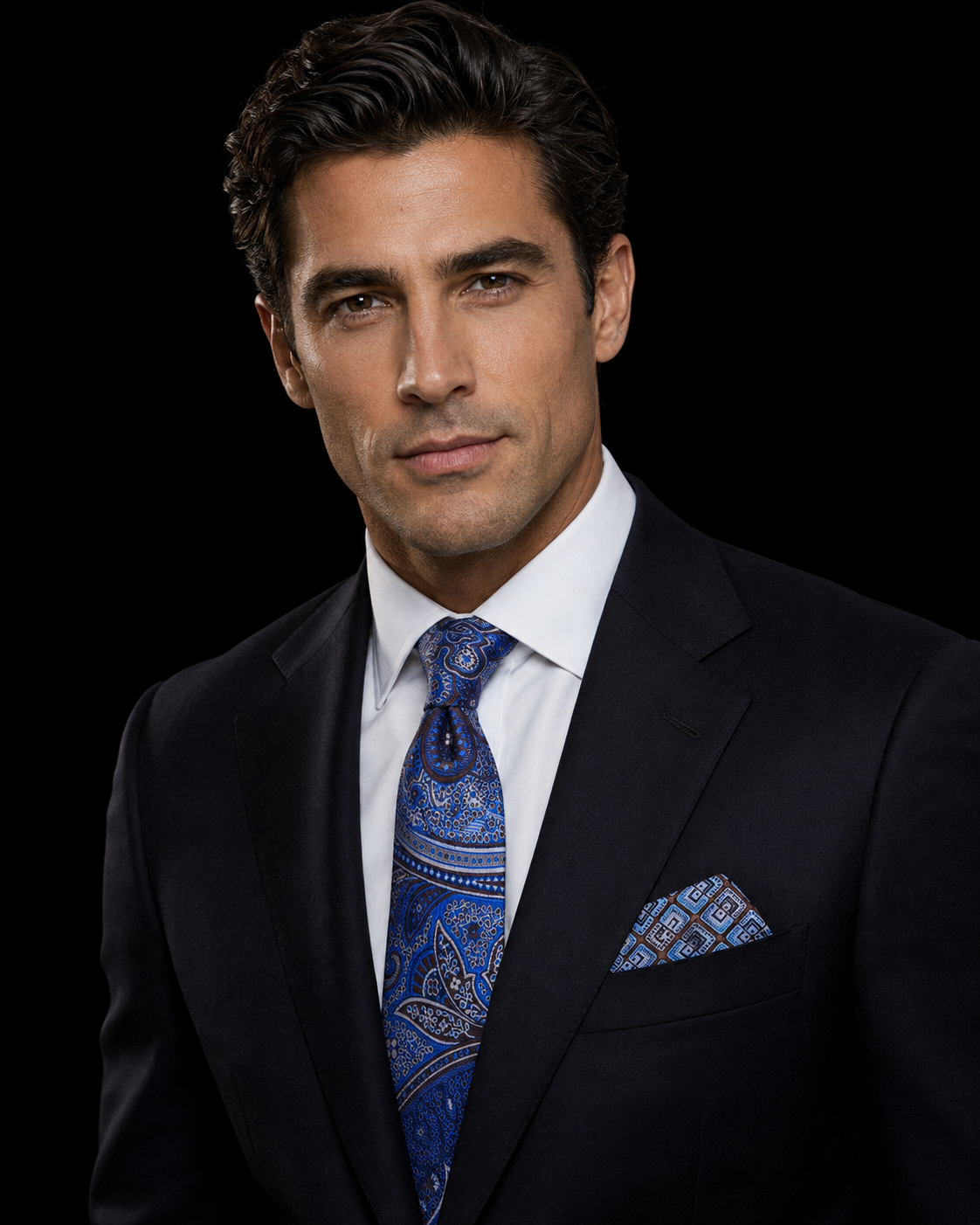 A man wearing a dark navy suit jacket, white dress shirt, and a blue paisley patterned tie with a matching pocket square, set against a solid black background.