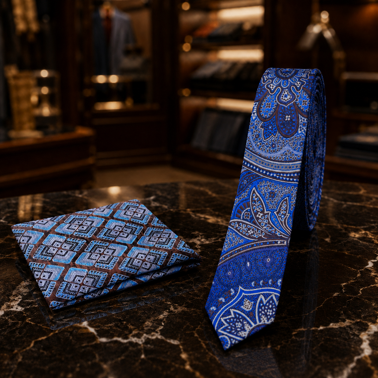 A blue patterned necktie and matching pocket square displayed on a dark marble surface in a warm, upscale shop setting.