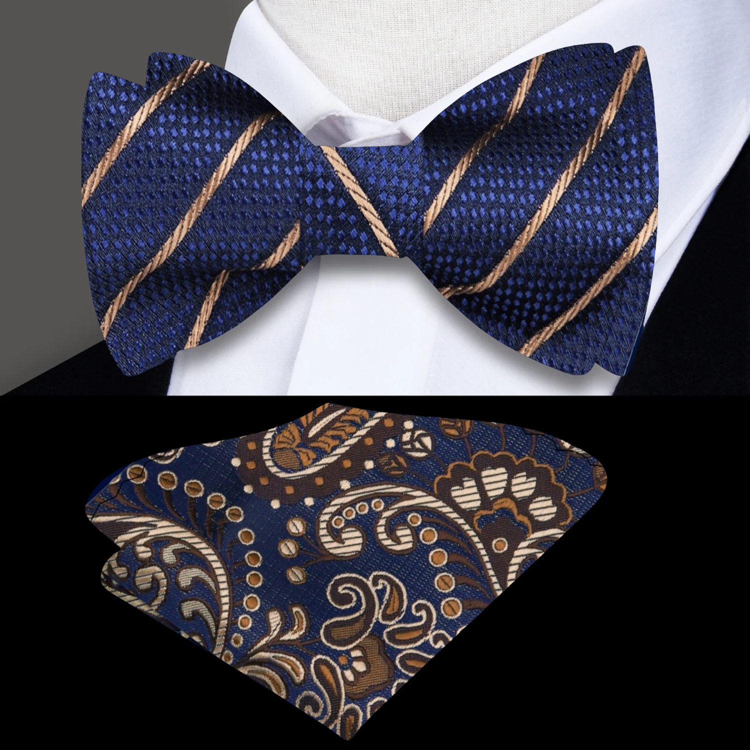 Main View: Blue, Brown Stripe Bow Tie and Accenting Blue and Brown Paisley Pocket Square