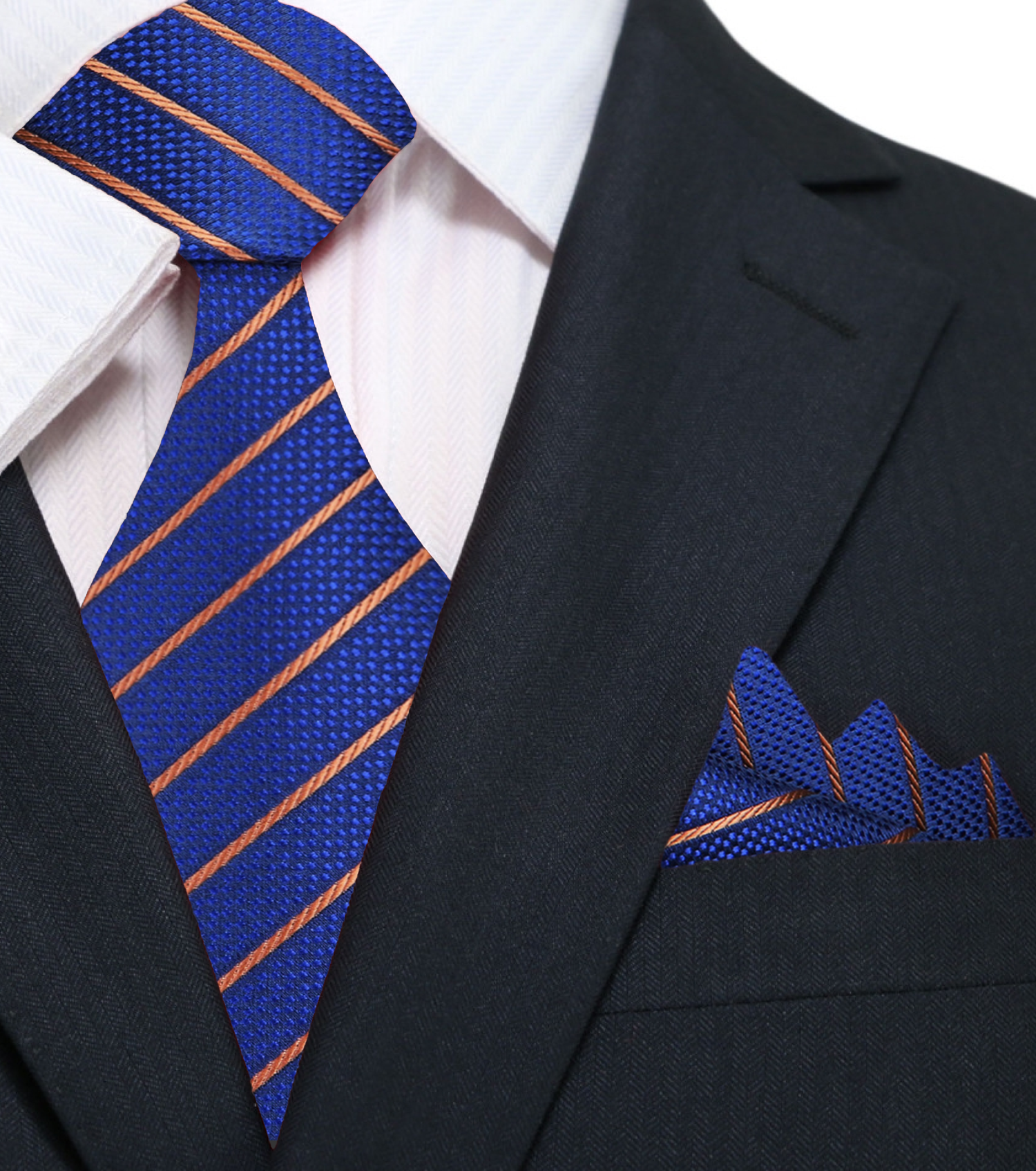 A Blue, Brown Stripe Pattern Silk Necktie, Matching Pocket Square||Dark Blue, Brown