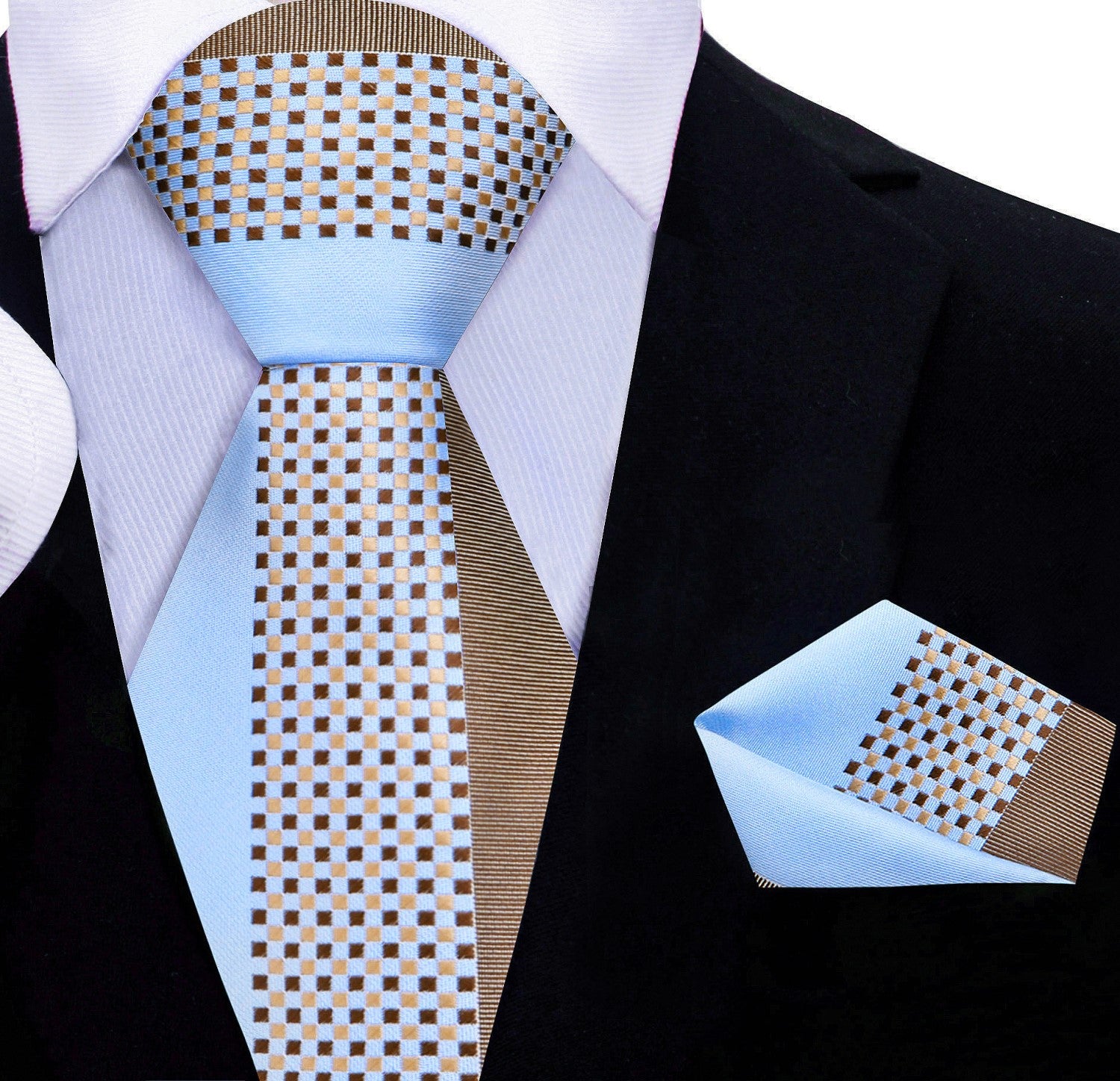 A Light Blue and Light Brown Abstract Shaped Pattern Silk Necktie With Matching Square