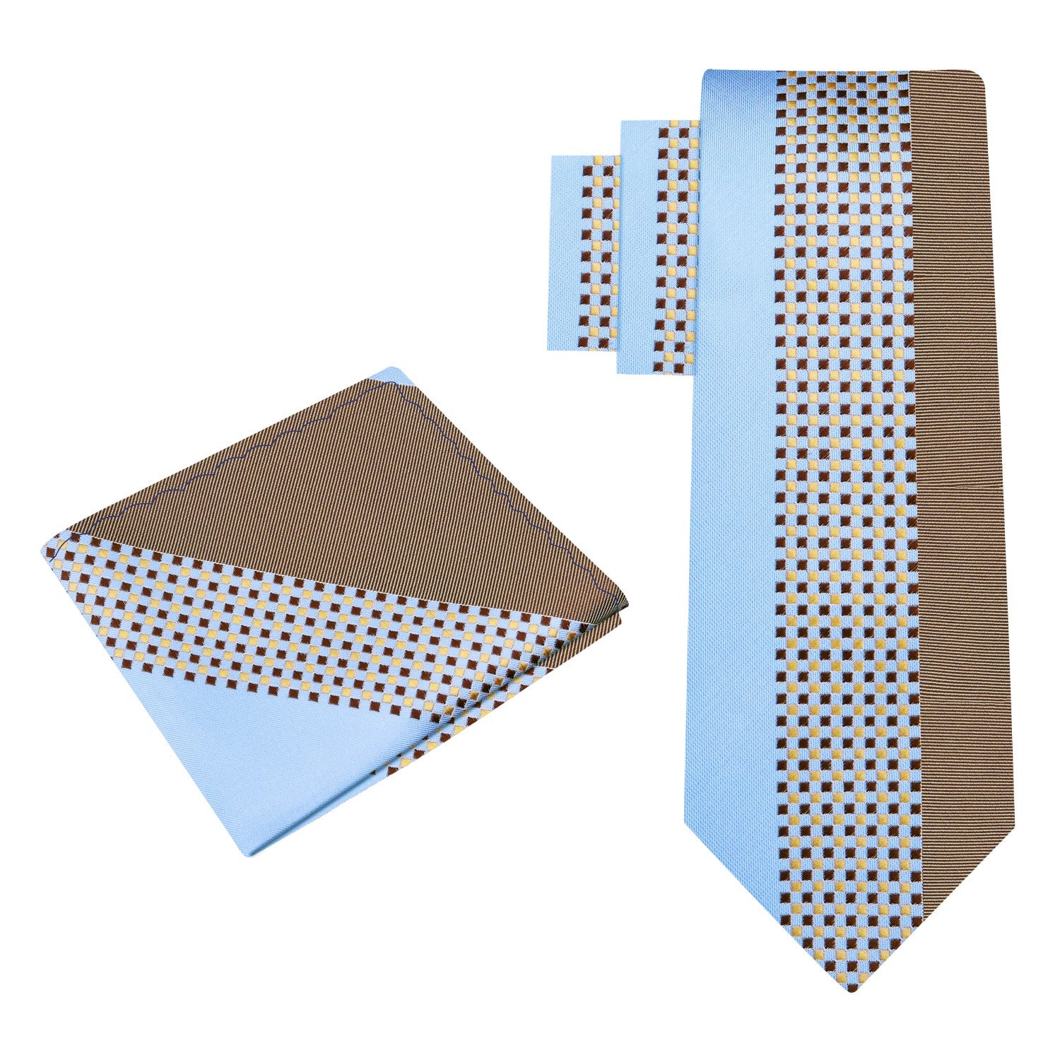 View 2: A Light Blue and Light Brown Abstract Shaped Pattern Silk Necktie With Matching Square