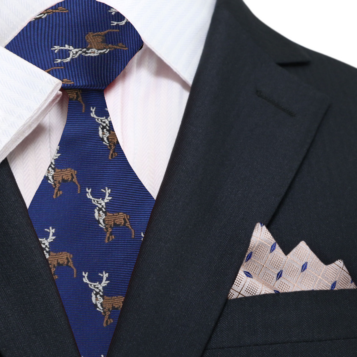 Blue, Brown Antlered Deer Tie and Light Brown, Blue Geometric Square