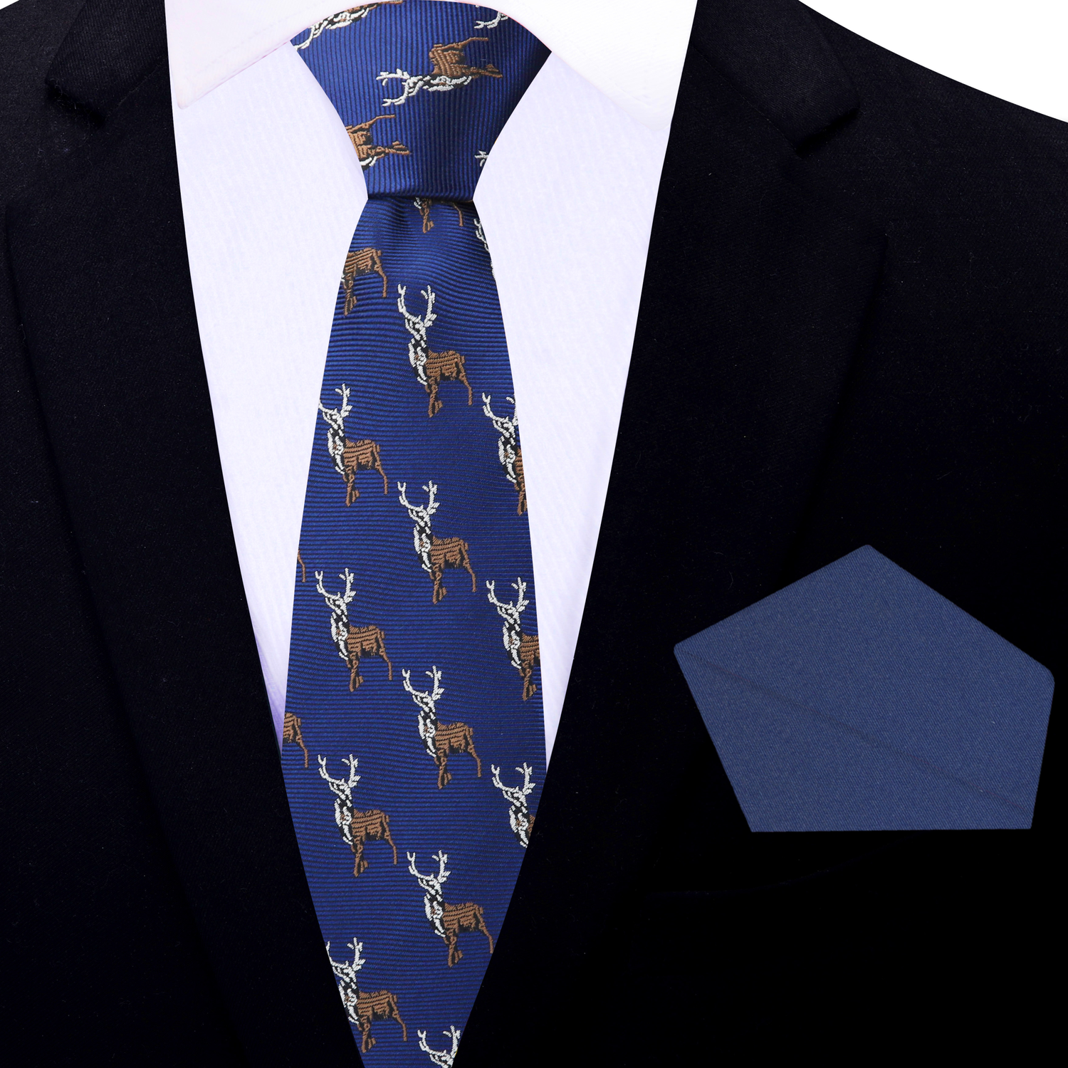 Thin Tie: Blue, Brown Antlered Deer Tie and Solid Blue Square