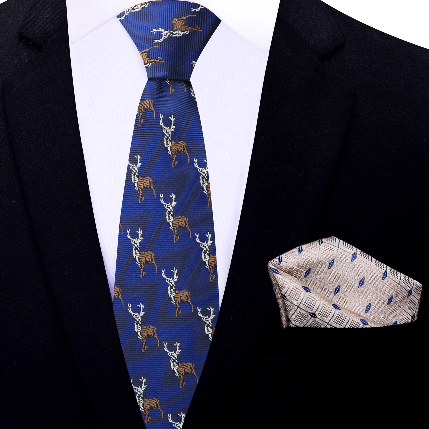 Thin Tie: Blue, Brown Antlered Deer Tie and Light Brown, Blue Geometric Square