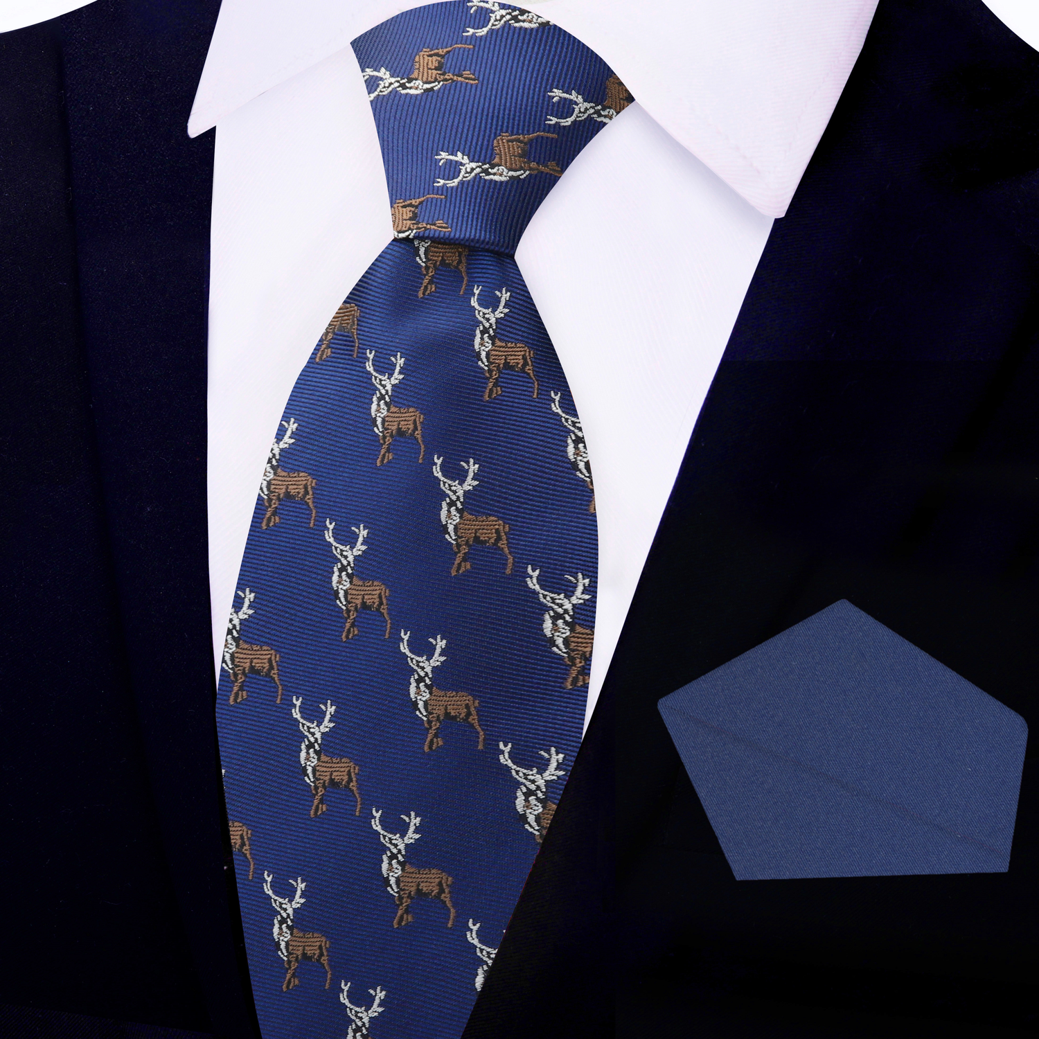 Blue, Brown Antlered Deer Tie and Solid Blue Square