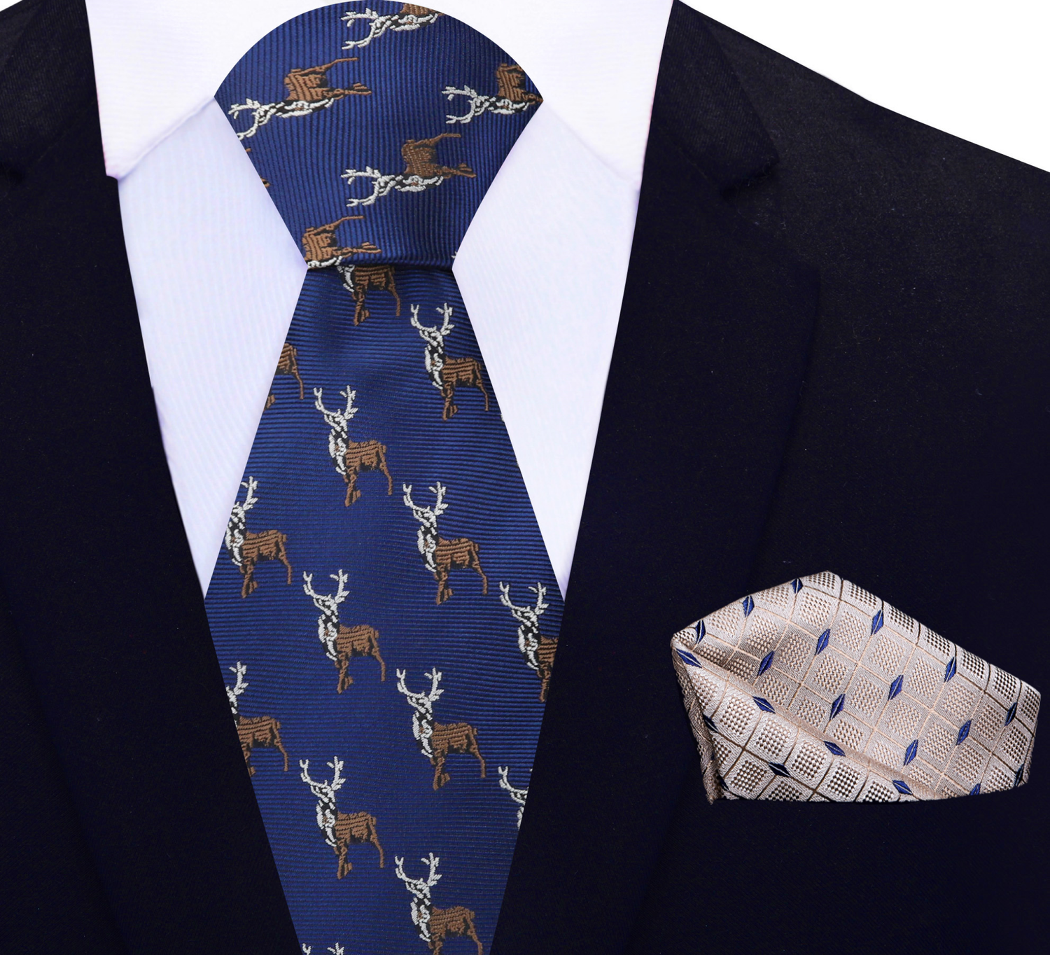 View 2: Blue, Brown Antlered Deer Tie and Light Brown, Blue Geometric Square