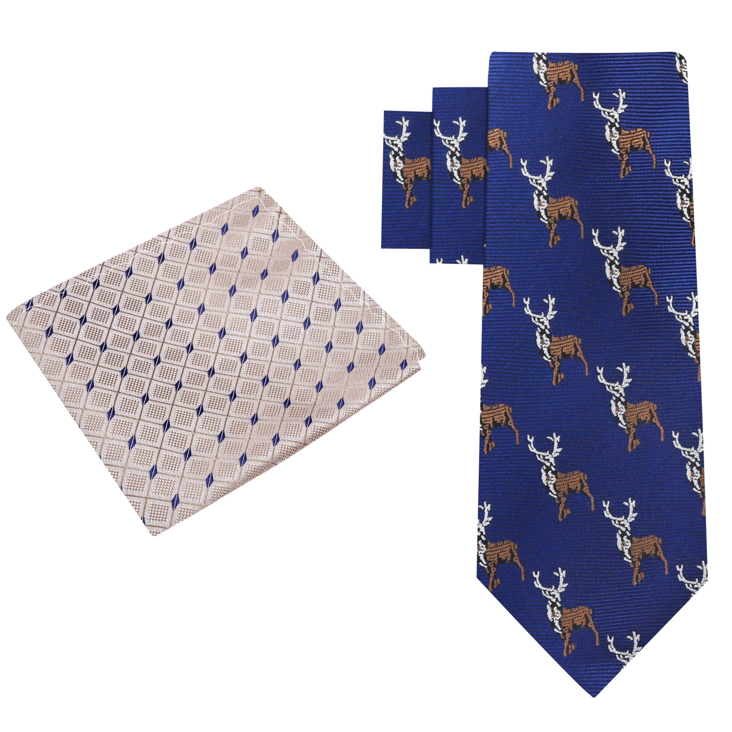 Alt View: Blue, Brown Antlered Deer Tie and Light Brown, Blue Geometric Square