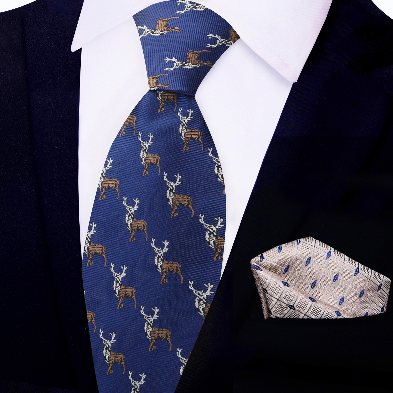 Blue, Brown Antlered Deer Tie and Light Brown, Blue Geometric Square
