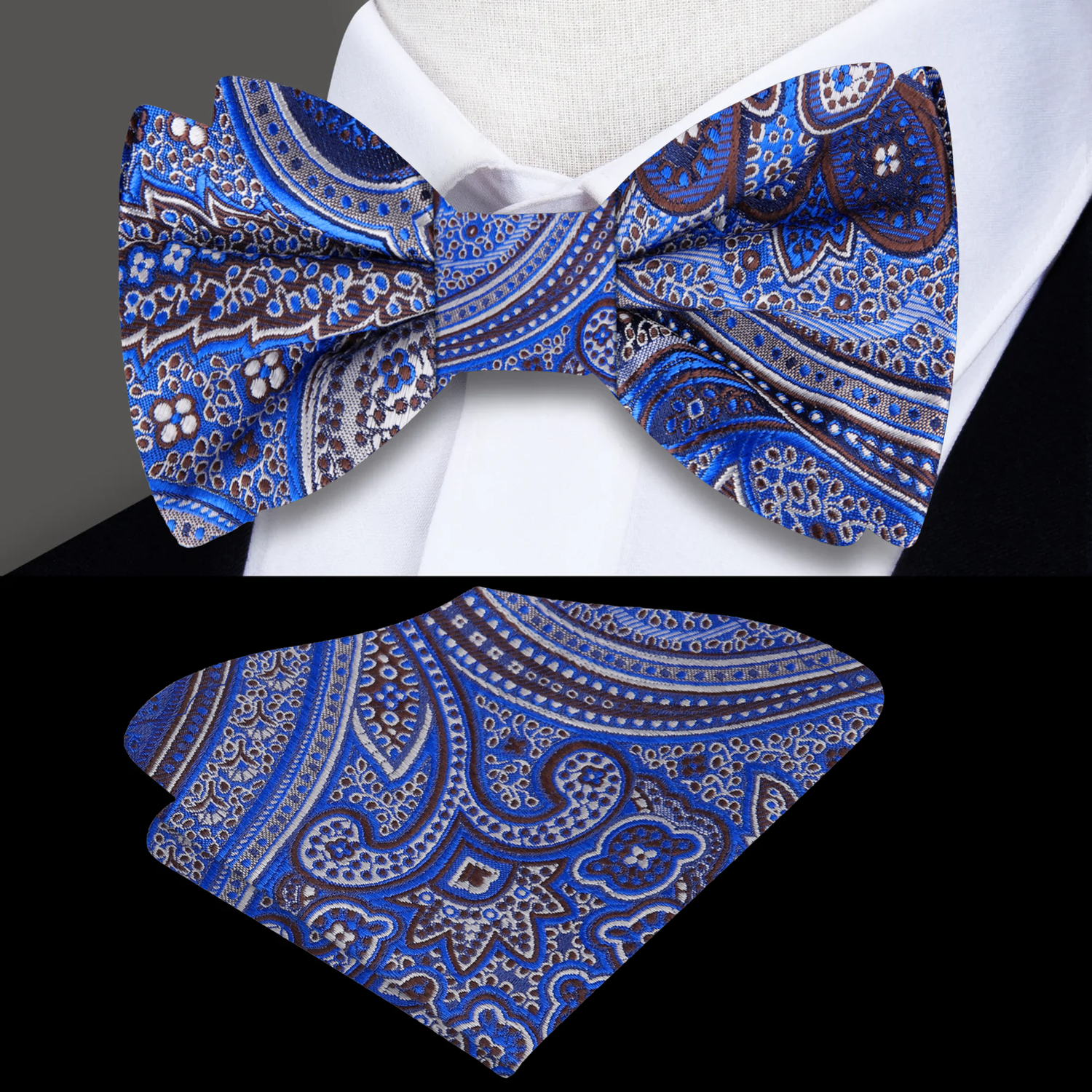 Blue, Brown, White Paisley Bow Tie and Square