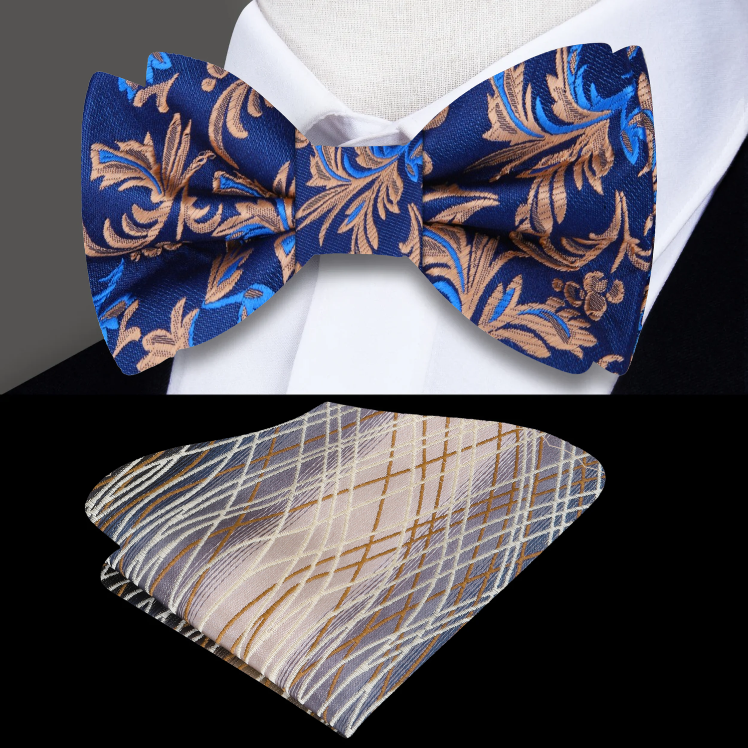 Shades of Blue and Brown Vines and Flowers Bow Tie and Accenting Pocket Square