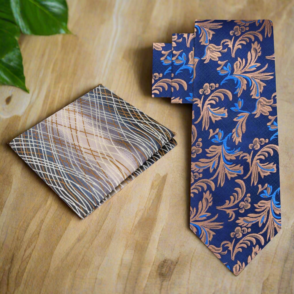 Alt Shades of Blue and Brown Floral Vines Necktie and Accenting Pocket Square