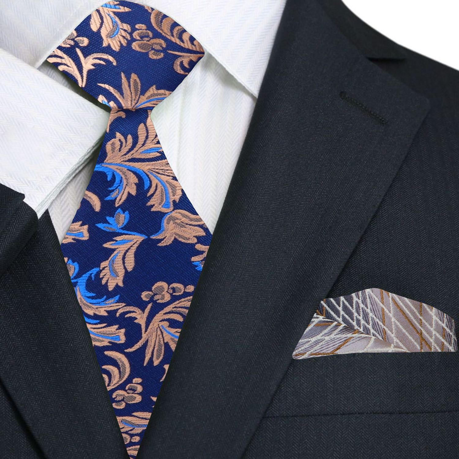 Shades of Blue and Brown Floral Vines Necktie and Accenting Pocket Square