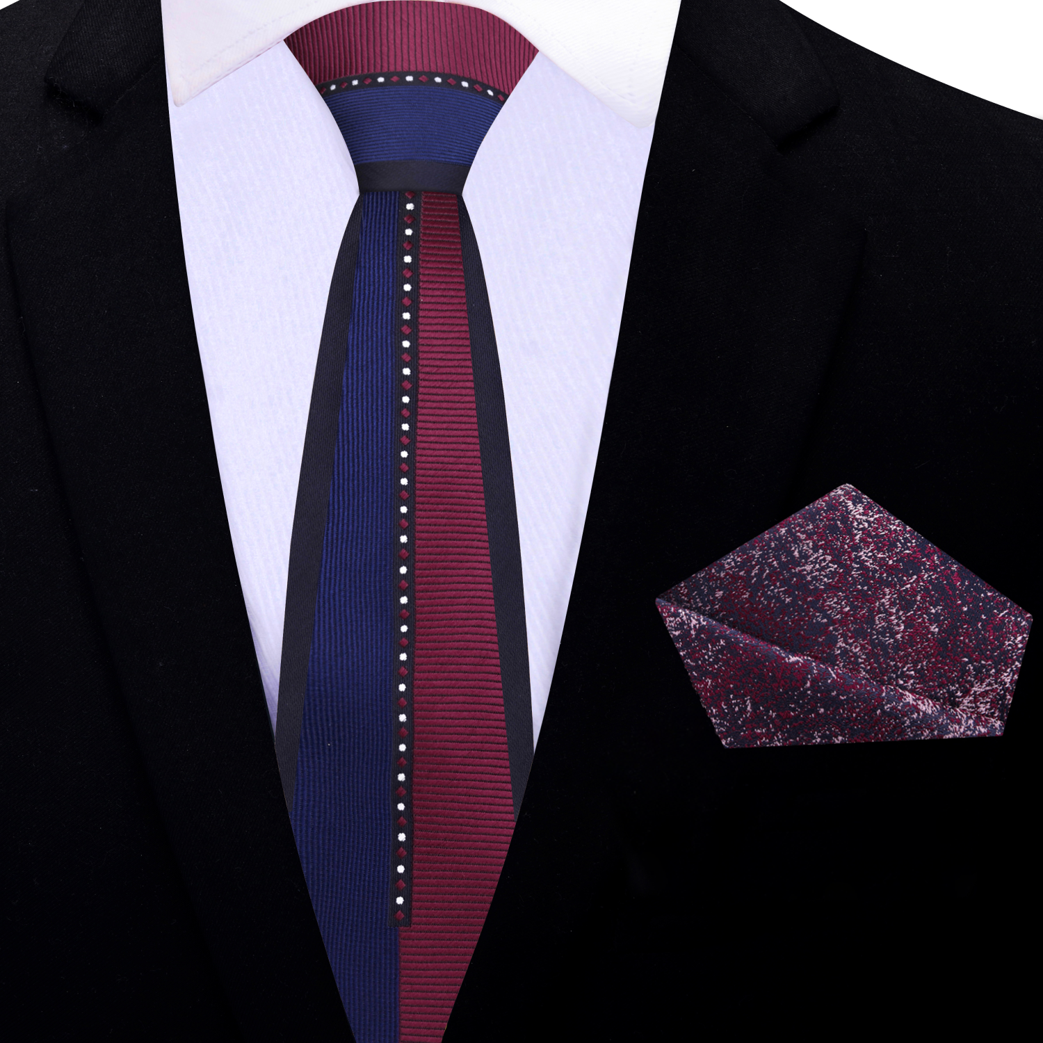 Thin Blue and Burgundy Lucky Necktie and Accenting Square