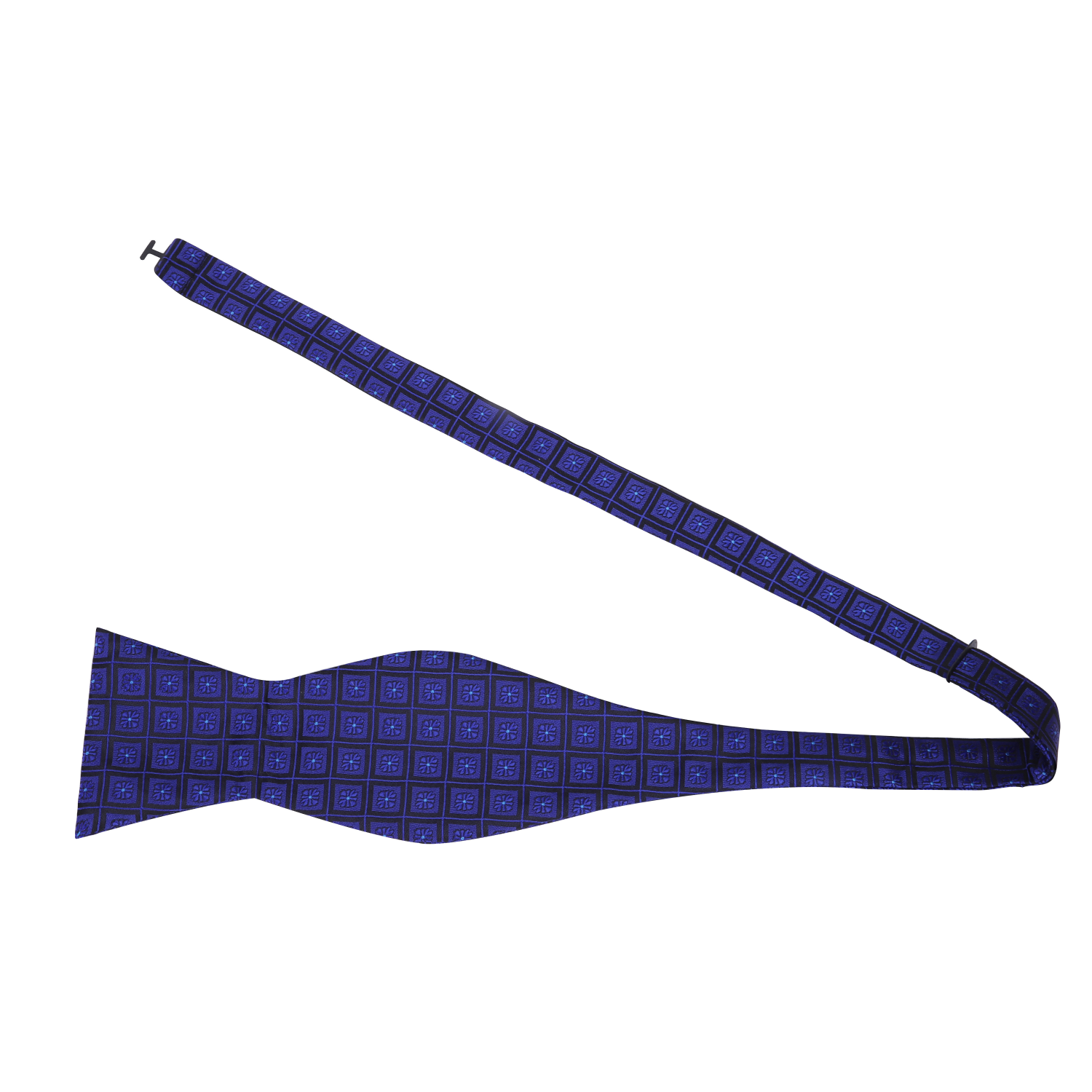 A Dark Blue, Blue Geometric Squares With Small Flowers Silk Self Tie Bow Tie