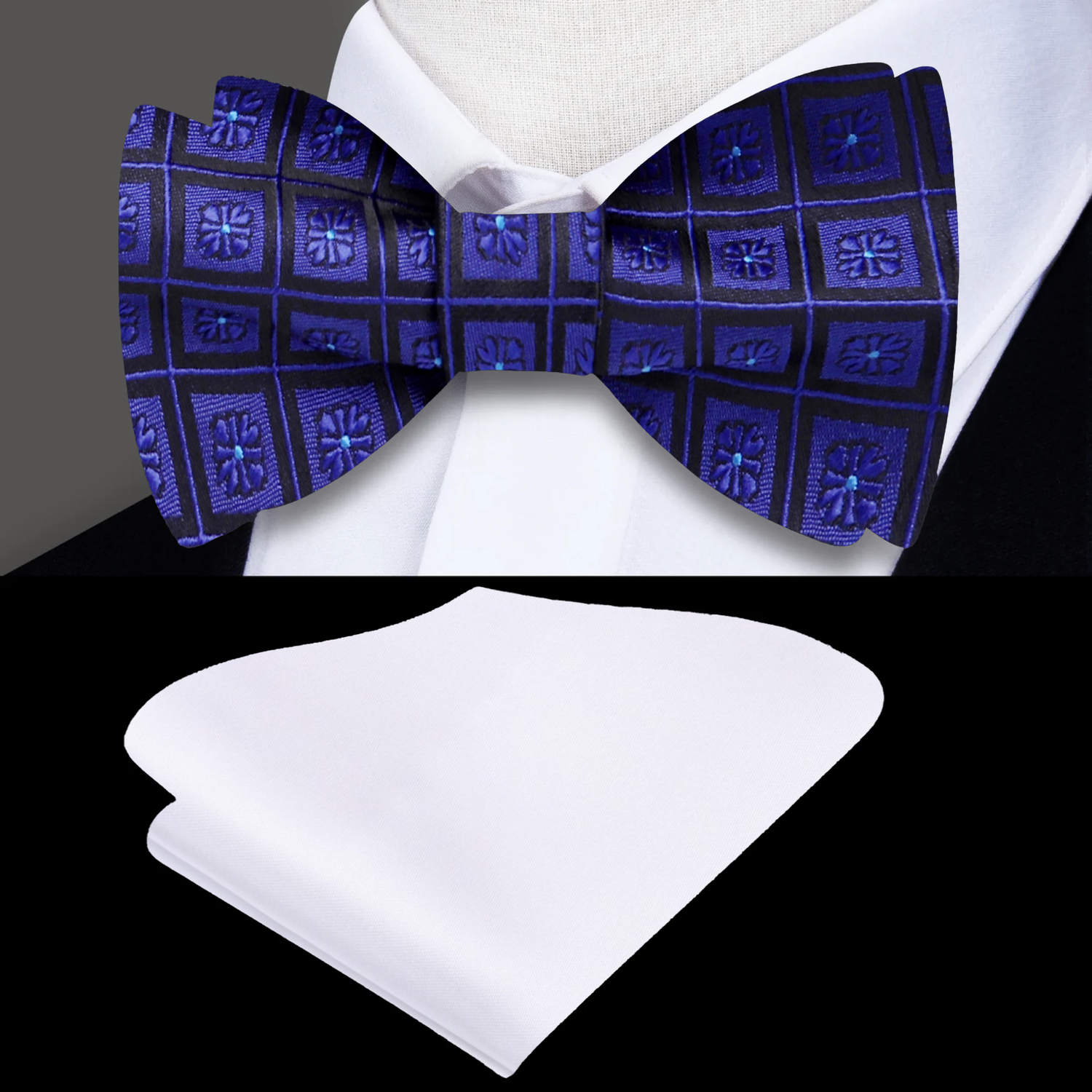 A Dark Blue, Blue Geometric Squares With Small Flowers Silk Self Tie Bow Tie, White Pocket Square