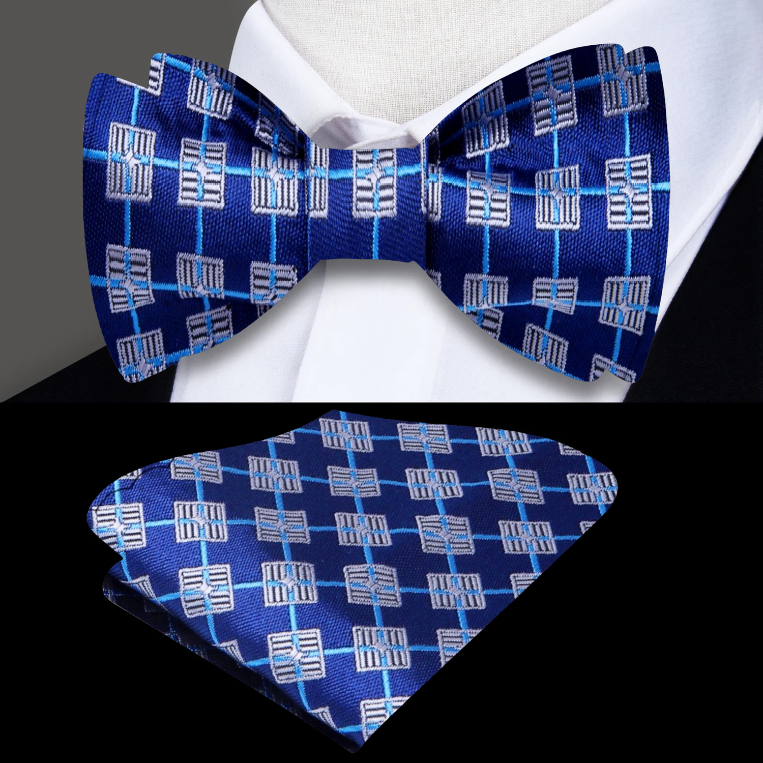 Blue, Light Blue Geometric Blue Bow Tie and Pocket Square